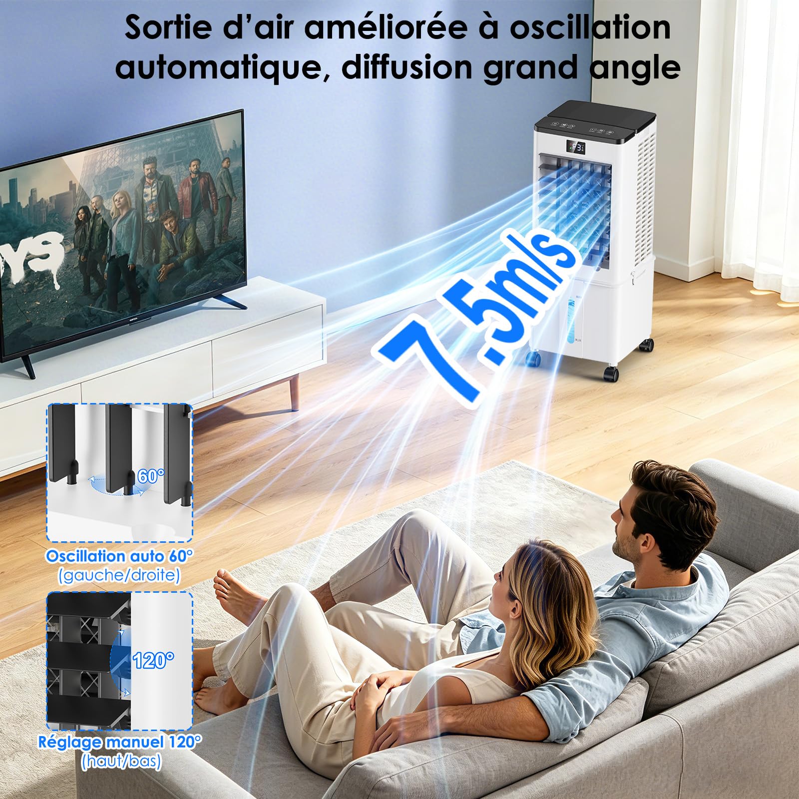 Climatiseur Mobile 10L-Amélioré, Rafraîchisseur d'Air avec Télécommande, Minuterie 1-12h, 3 Vitesses, Oscillation de 60°, Silencieux Climatiseur Portable pour Camping Chambre Cuisine(Noir voilé)