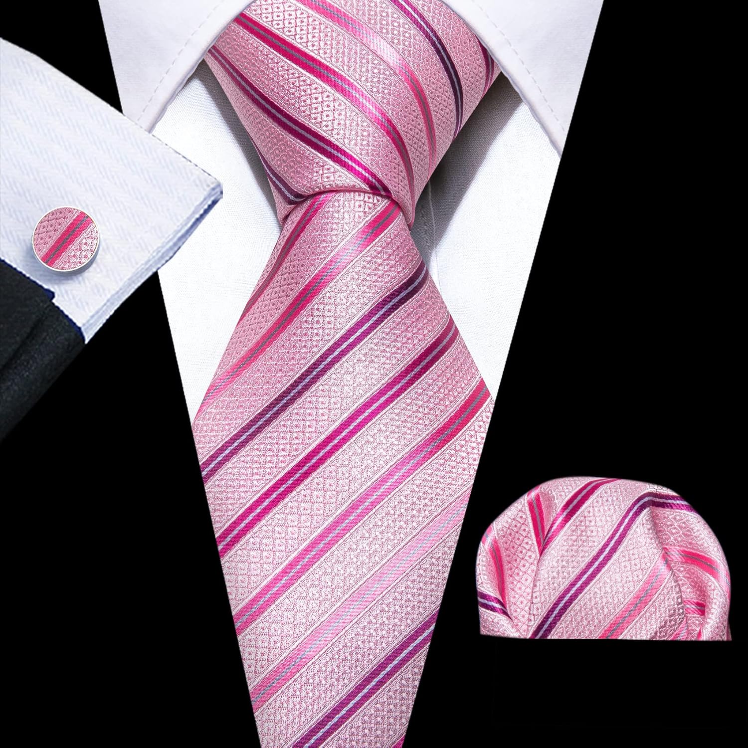 Barry.Wang Tie Sets for Men Silk Stripe Necktie Woven Checkered Handkerchief Cufflinks Formal Business Wedding - Image 5