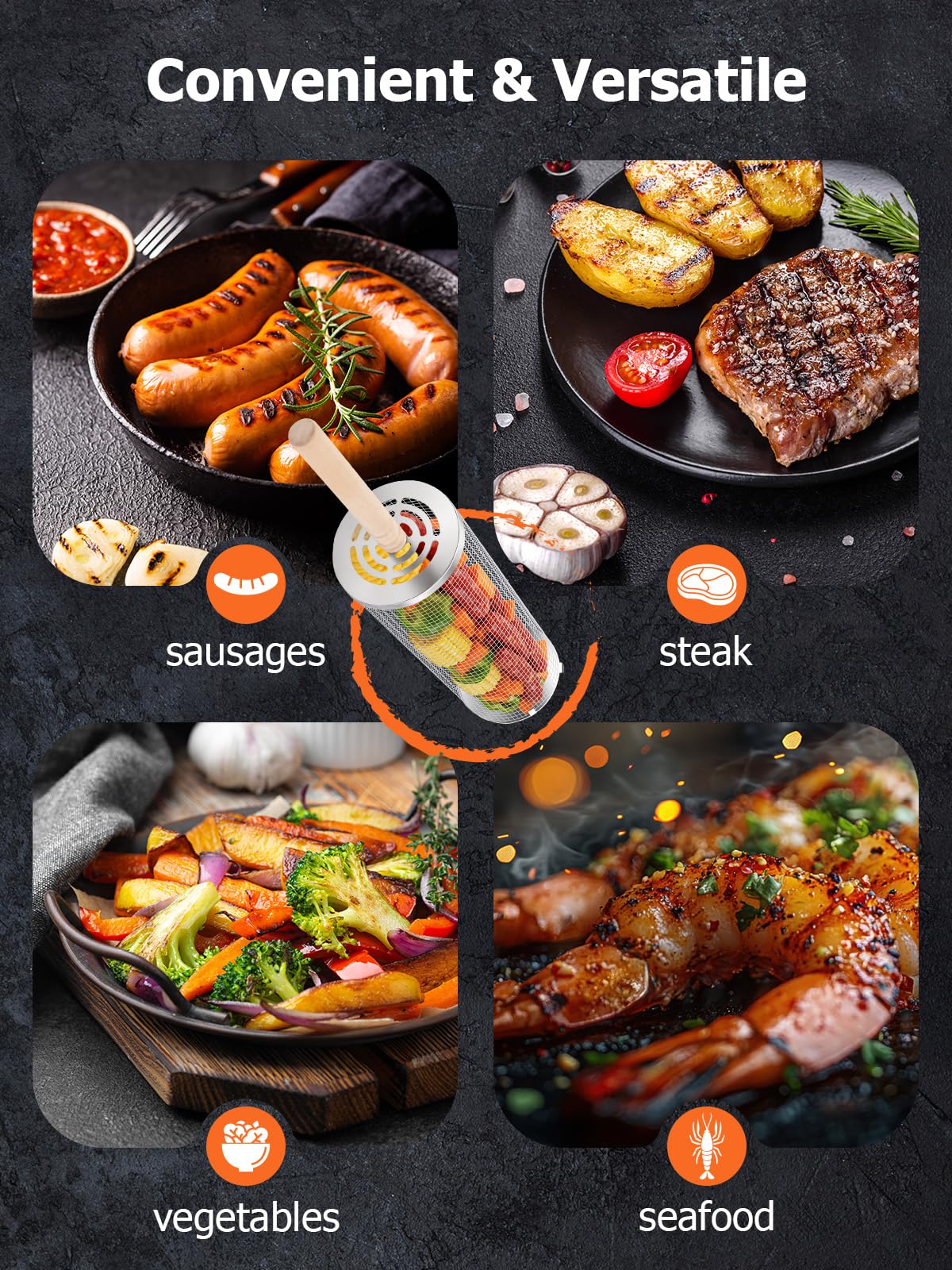 Landrip Cesta de Barbacoa Rodante, Mango de Madera Desmontable, Acero Inoxidable, Accesorio de Cocina al Aire Libre para Barbacoa de Vegetales, Gadgets de Jardín y Camping para Barbacoa a Gas, Regalo