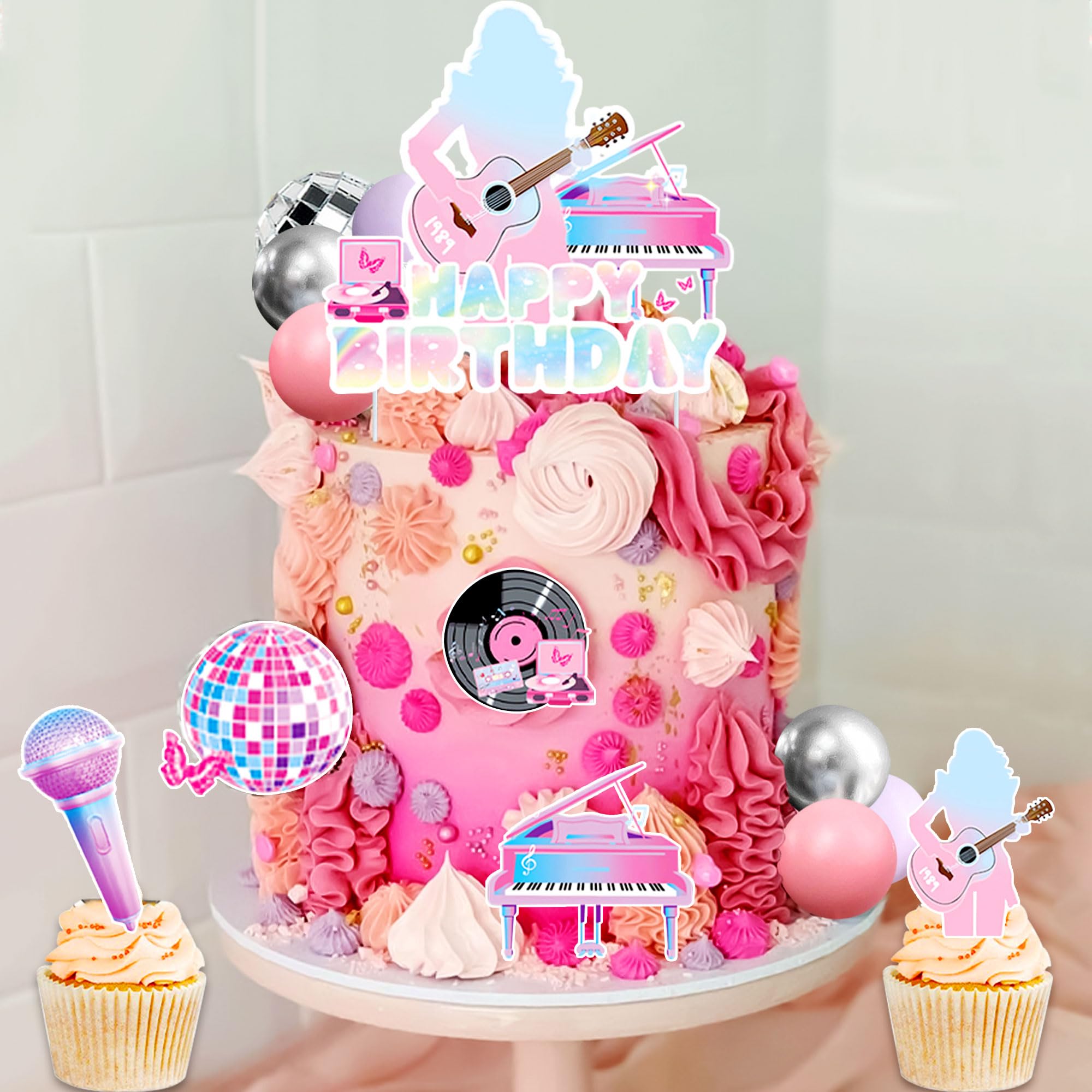 Décoration Gâteau Anniversaire Thème Chanteuse - Insert "Happy Birthday" + Toppers Musique + Boules Disco - Fille