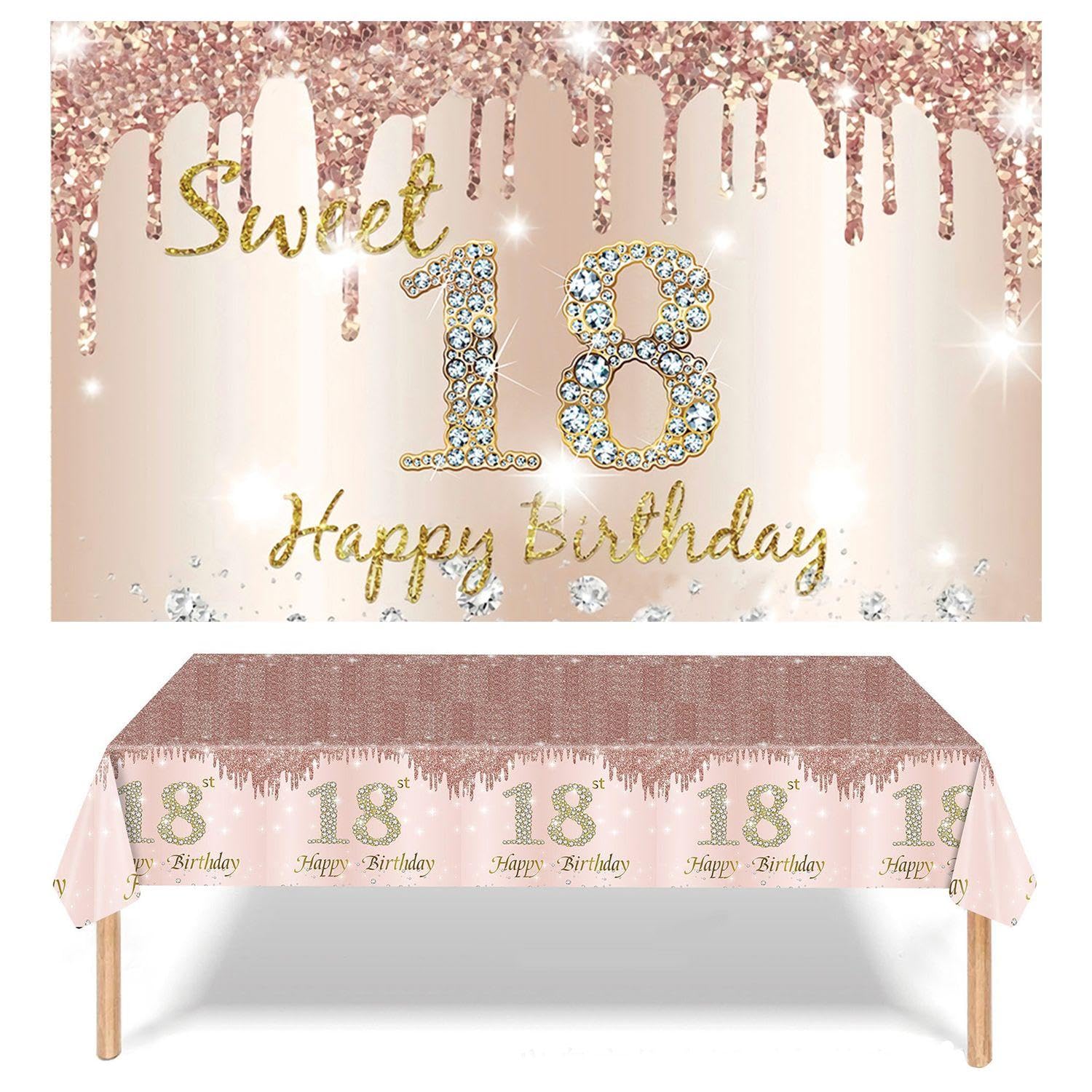 Vehyegoi Girls Rose Gold 1Pc 18Th Birthday Banner, 1Pc 18Th Birthday Tablecloth, Birthday Decoration Poster, Party Decoration Tablecloth, Birthday Party Photo Background