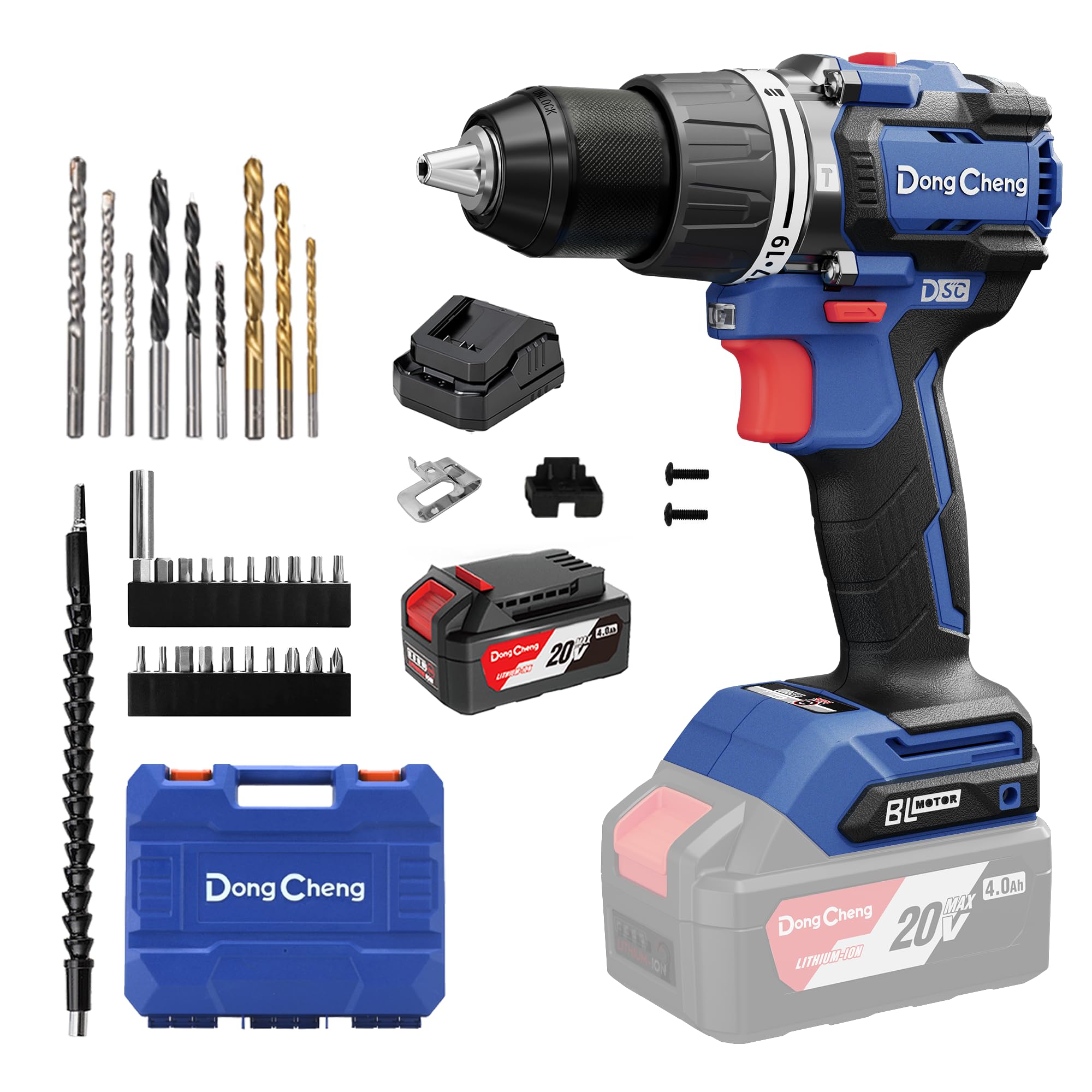 Dong Cheng Taladro de Percusión Inalámbrico 20V 90Nm, Taladro Percutor Batería Brushless, 1x 4,0Ah, 3 Modos-Atornillar, Perforar y Percuto, Portabrocas de 13 mm, 2 Velocidades, 19 Niveles de Par