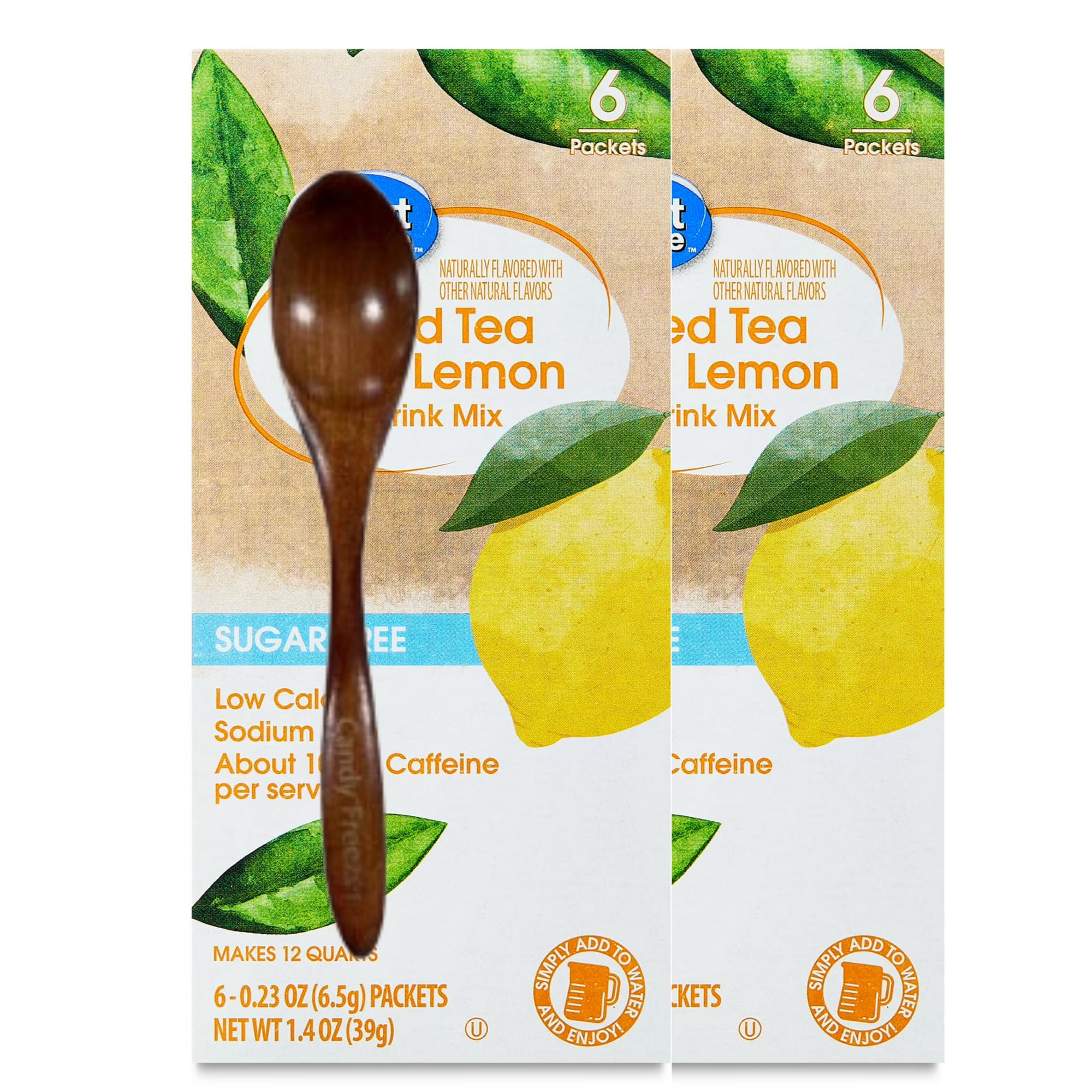 Value Great Sugar-Free Iced Tea with Lemon Powdered Drink Mix, 0.23 oz, 6 Packets (Pack of 2) with Wooden Spoon (Iced Tea with Lemon Flavor) Wooden Spoon