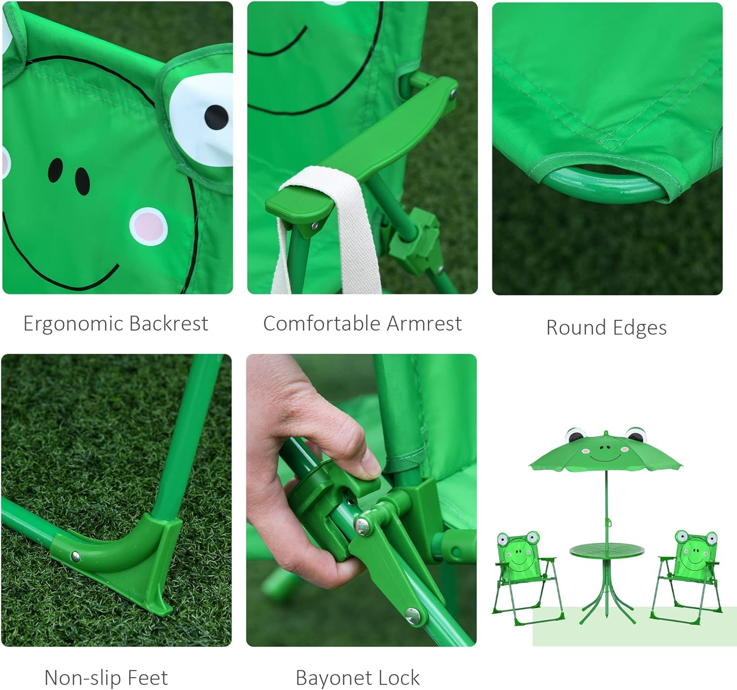 Outsunny Folding Kids Table and Chair Set, Picnic Table with Frog Pattern Removable & Height Adjustable Sun Umbrella for Garden, Backyard, Green