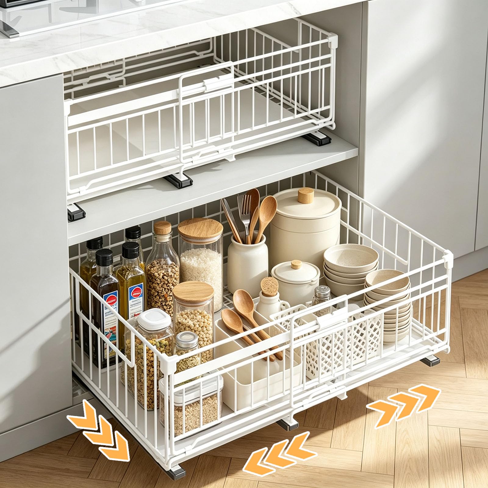 2 Pack Pull Out Cabinet Organiser, Cupboard Storage, W 12.8-19.5in, H 6.7in