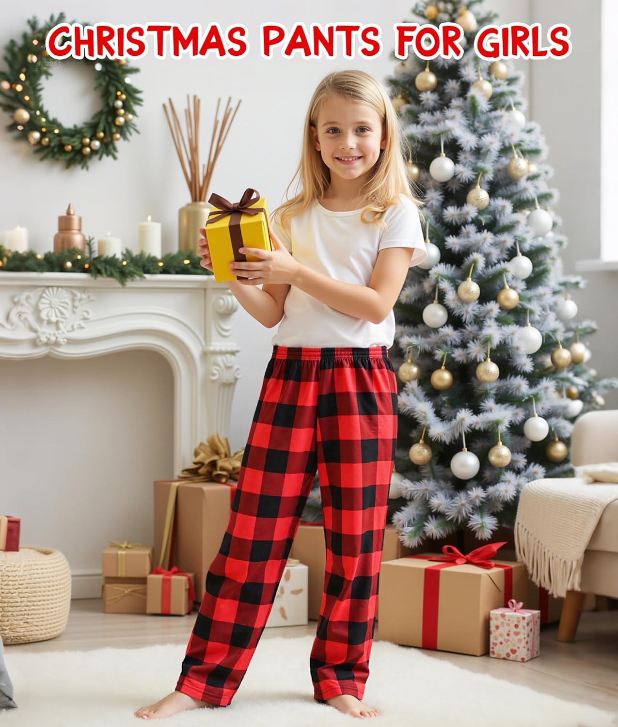 HONGTEYA 2PCS Girls Christmas Pants with Pockets Soft Long Loose Kids Plaid Bottom Indoor Outdoor Xmas Holiday 8-14 Years - Image 3