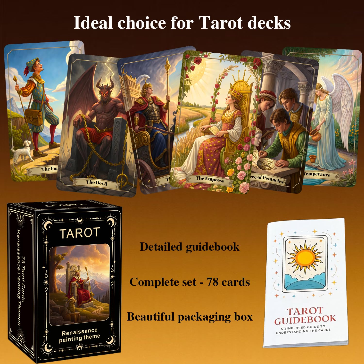 Tarot o tematyce renesansowej, karty tarota dla początkujących, stworzone dla miłośników historii, wielbicieli sztuki pięknej i duchowych odkrywców. Wieczne archetypy tarota rozwijają się jako żywe