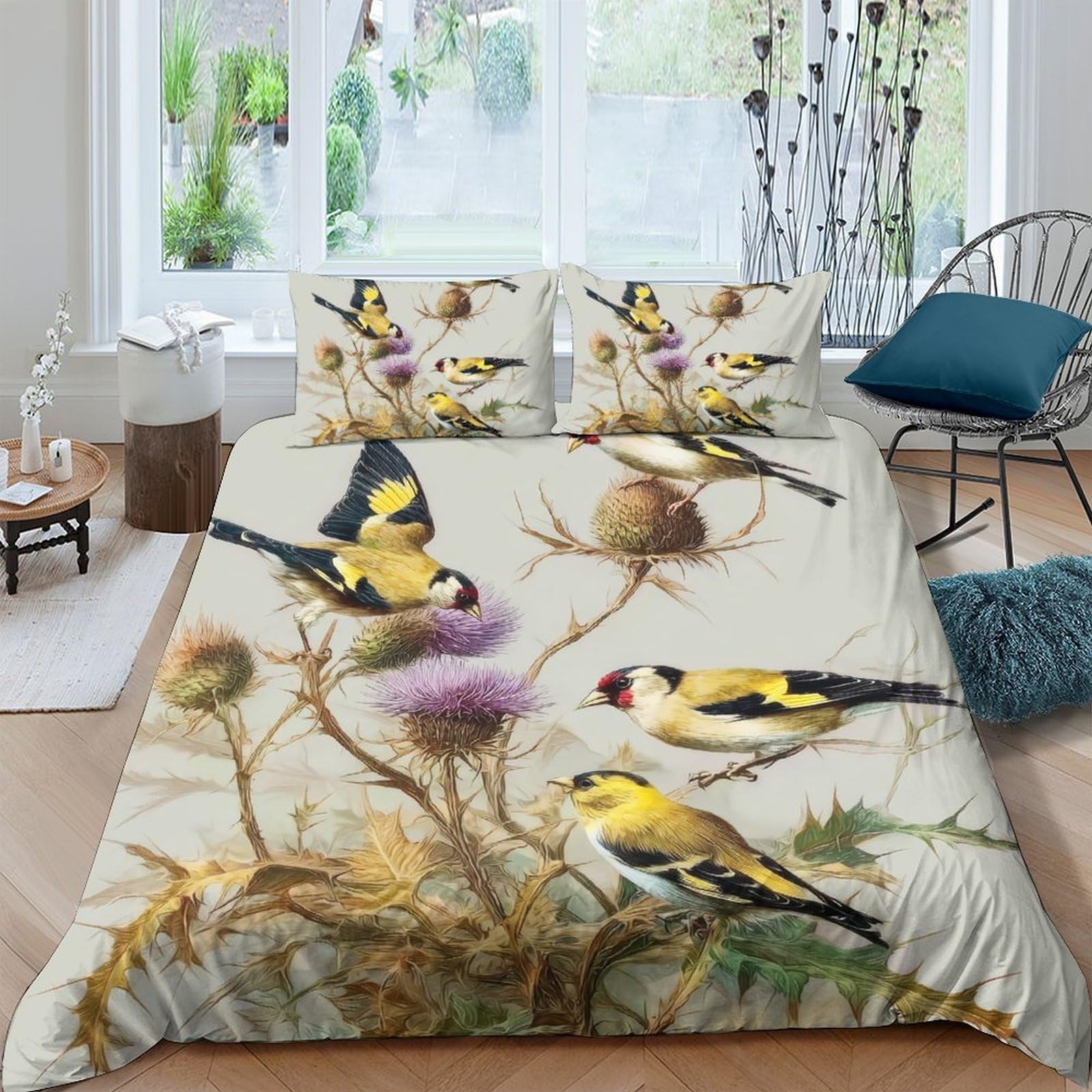 Ctjqhvkz Style-9 3D Printed Goldfinch Thistle Fitted Sheet Microfiber Soft Bed Cover Nature Bird Art For Bedroom Decor Single（135X200cm）