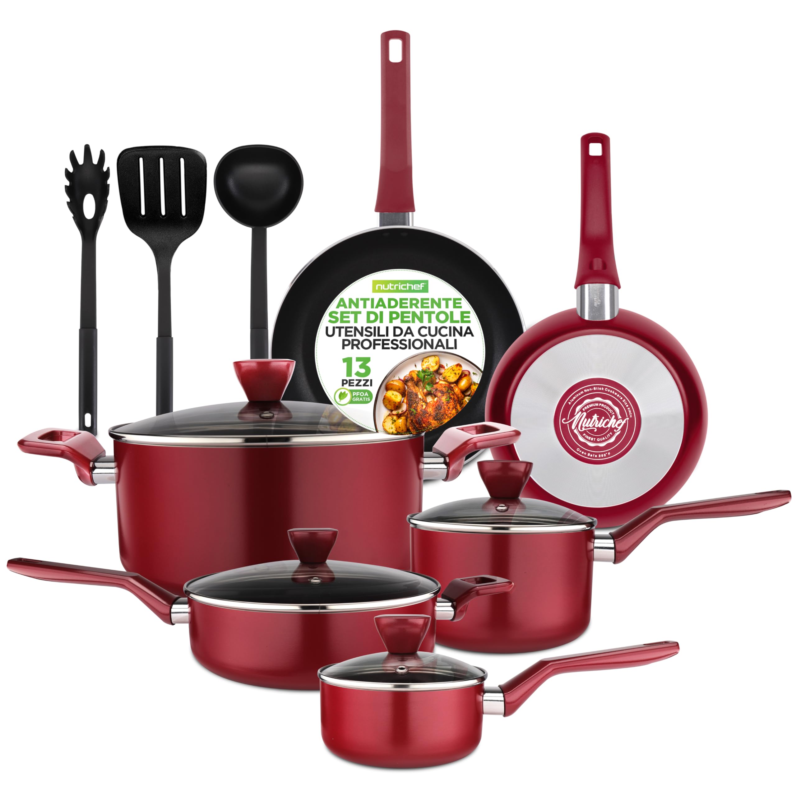 NutriChef Set di Pentole e Padelle Antiaderenti da 13 Pezzi, Resistenti al Calore, con Pentolino, Padelle, Pentole, Casseruola, Coperchi e Utensili, Rosso