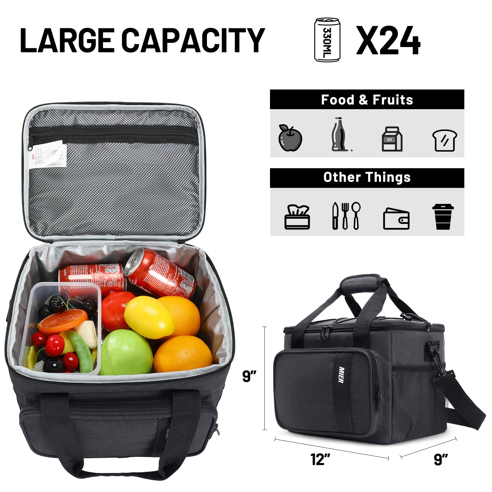 MIER Borsa termica termica per uomini e donne, 24 lattine di grandi dimensioni, borsa per il pranzo a prova di perdite, borsa frigo per il lavoro, i viaggi, il picnic, grigio scuro