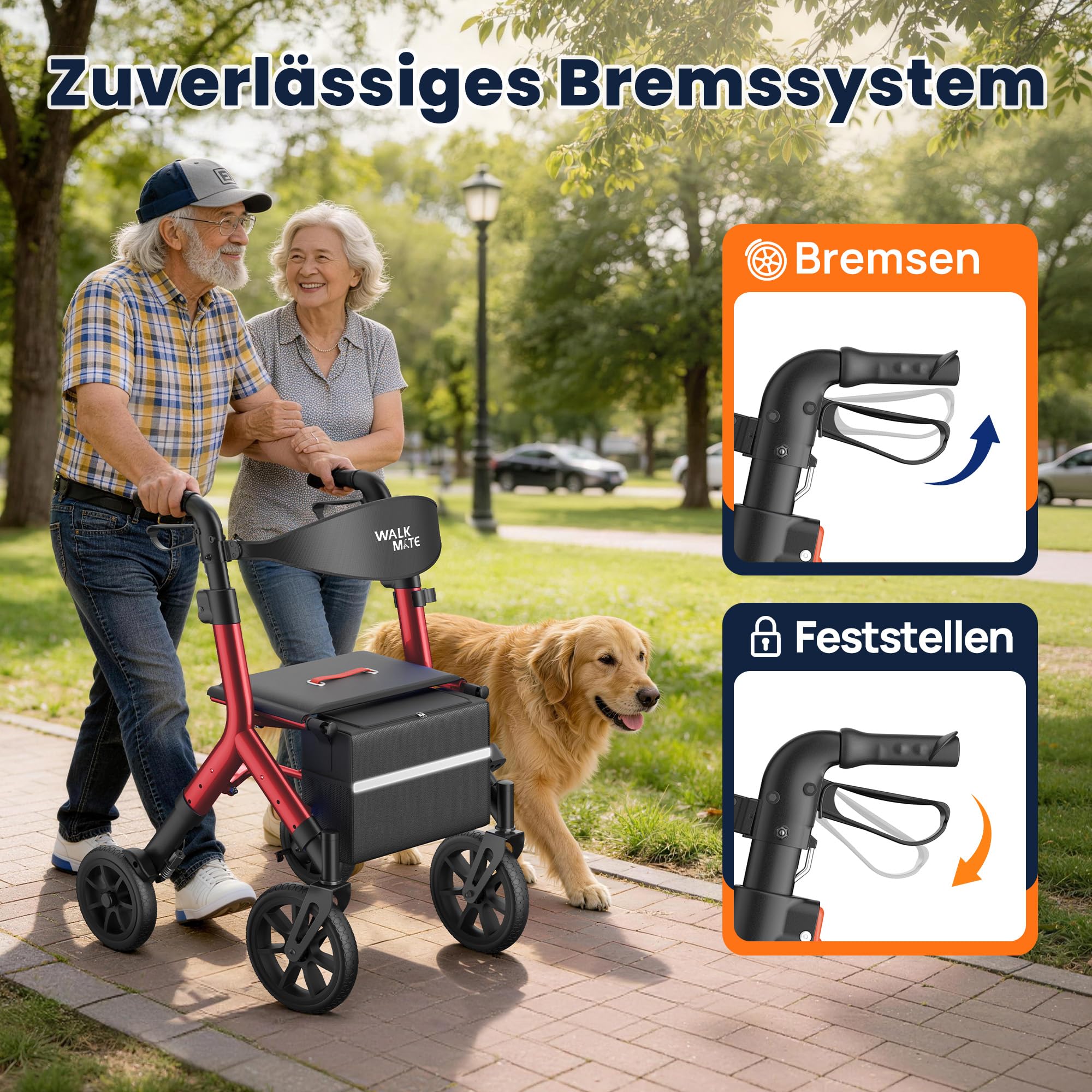 WALK MATE Rollator Faltbar und Leicht mit Sitz für Große Menschen bis 2m | Rollatoren Schmal für Wohnung,Höhenverstellbar,25cm Reifen und Versteckten Bremskabeln für Senioren,Drink Holder, Aluminium