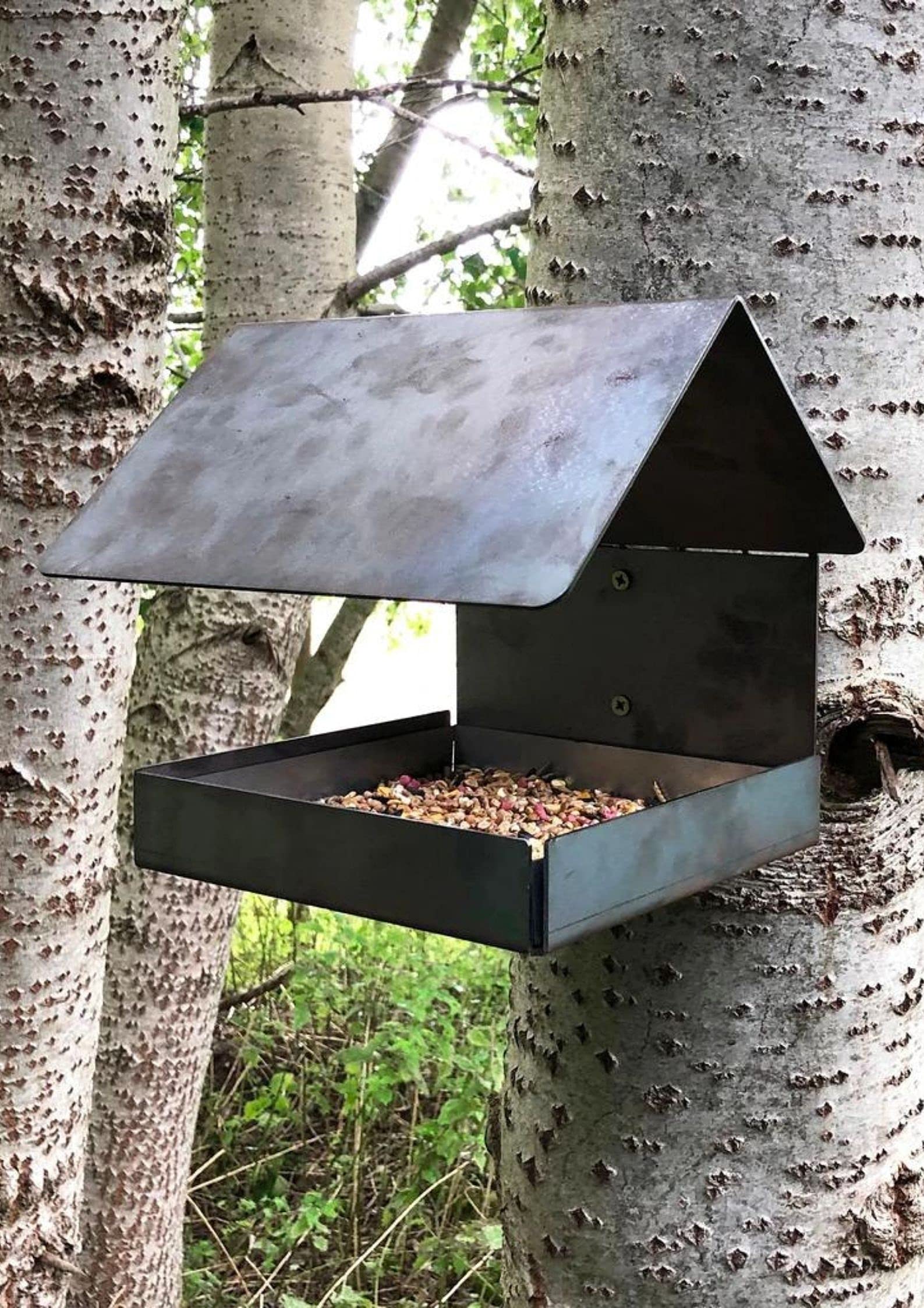Pequeño comedero rústico para pájaros de vida silvestre
