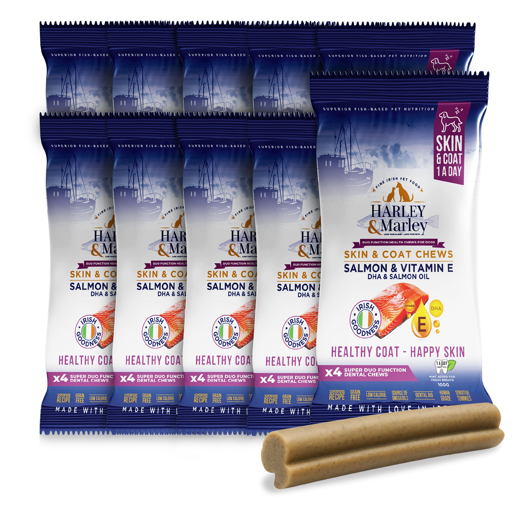 Harley & Marley Skin & Coat Duo Function Health Chews - Natural Dog Skin and Coat Supplement with Salmon, Vitamin E & DHA - Promotes Coat Shine & Supports Teeth & Gums - 10pk (4/pk)
