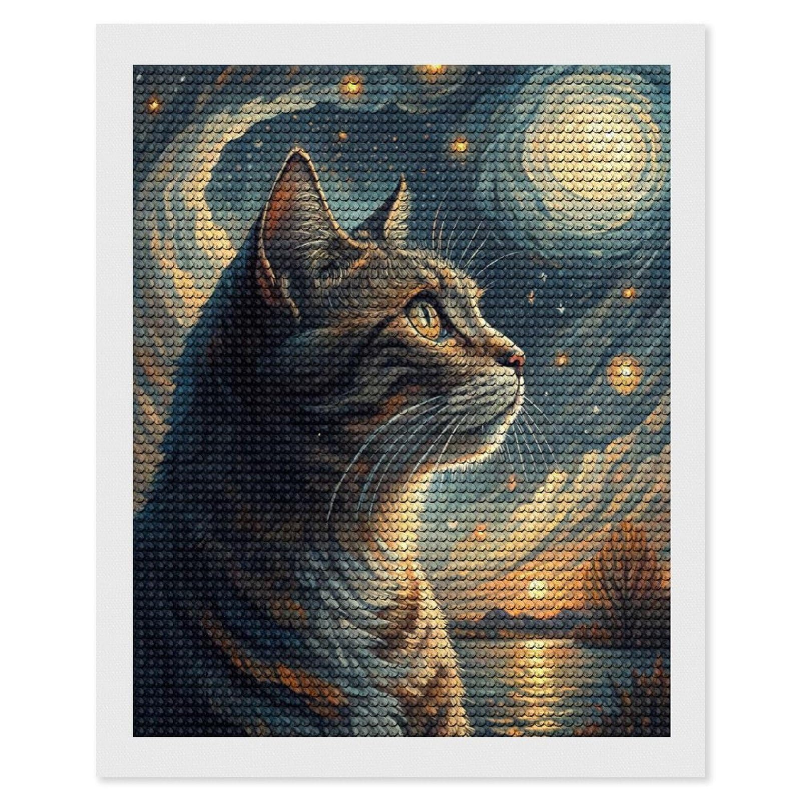 Junmoney Cat Looking at Starry Sky DIY Diamond Art Canvas Kit 16"x20", Simple to Start, Fun Craft Experience, Modern Decor, Gift Idea, Adhesive Canvas