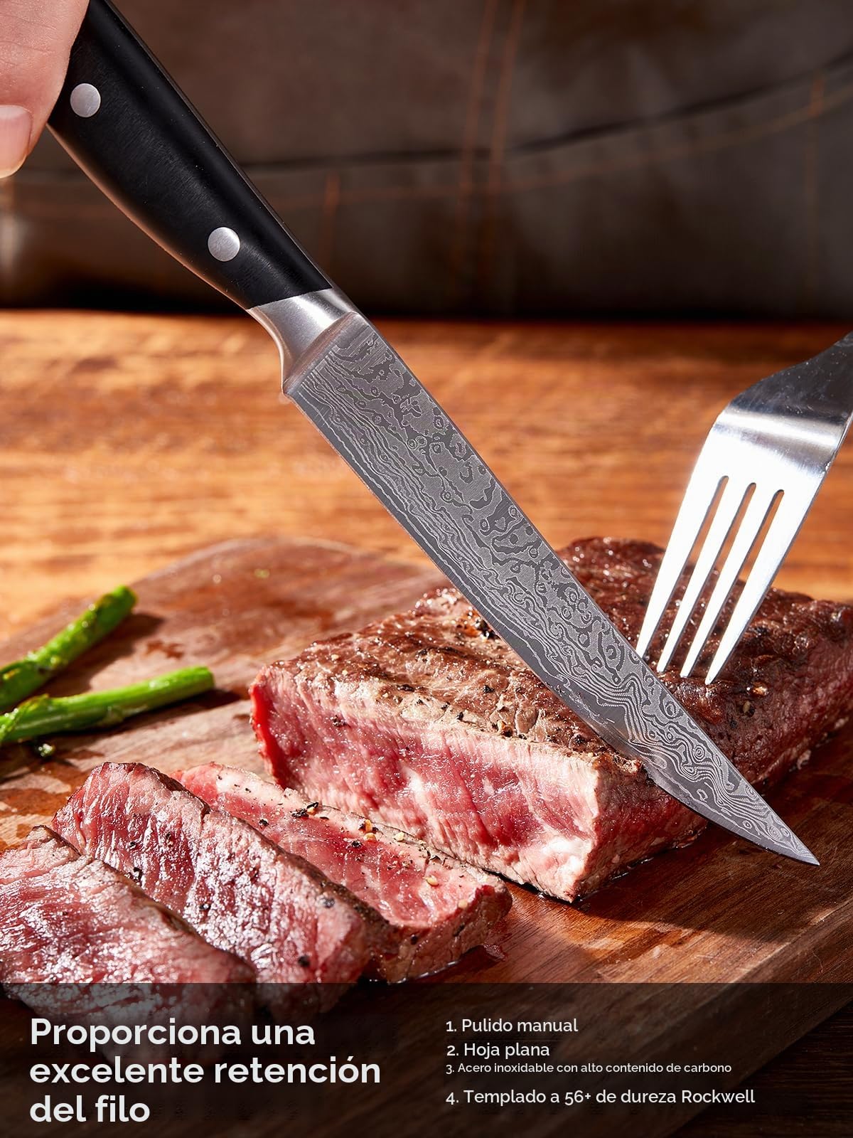 FOHERE Cuchillos para Carne con Bloque de Cuchillos, Juego de 8 Cuchillos para Carne de Acero Inoxidable con Hoja Recta Extra Afilada, Patrón de Damasco, Diseño de Mango Ergonómico de Espiga Completa