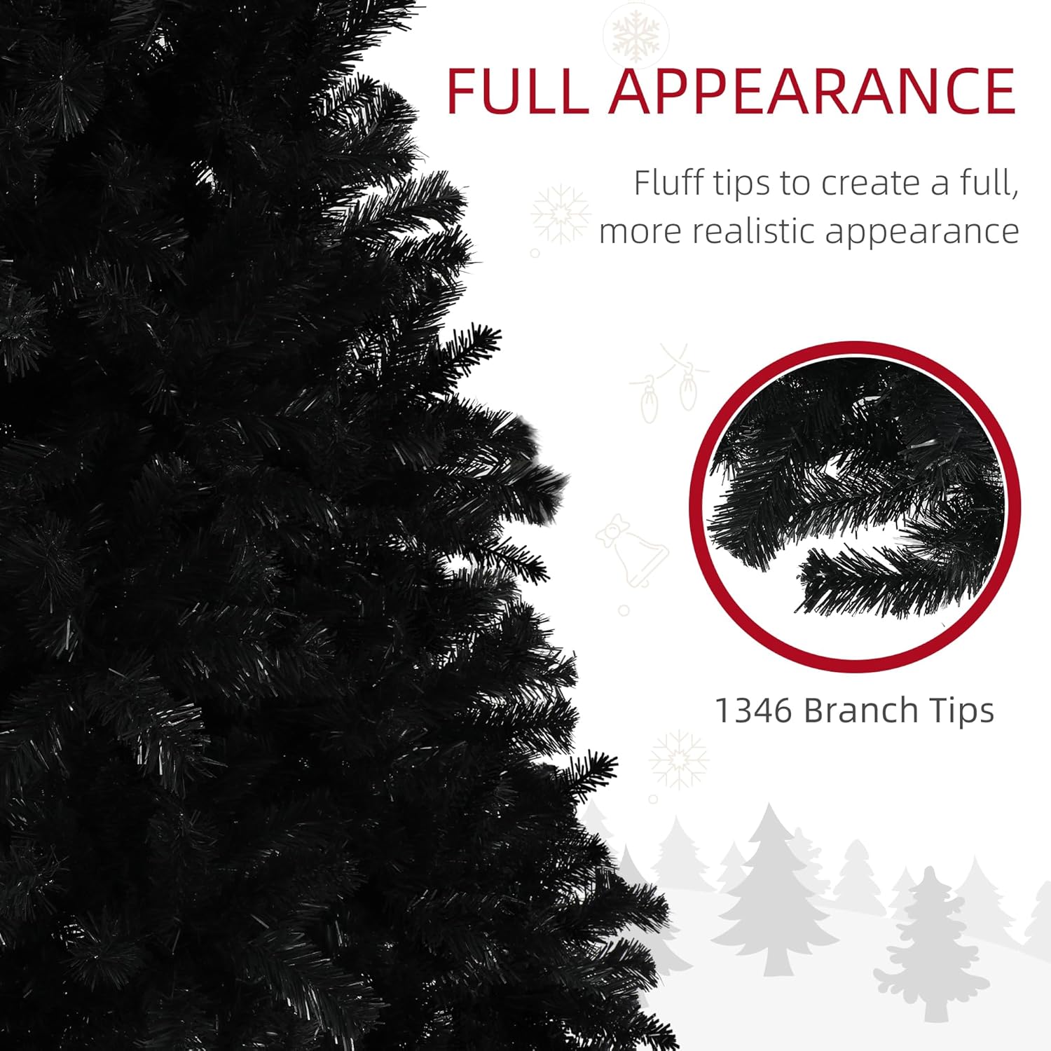 HOMCOM 7.5ft Tall Artificial Christmas Tree, Unlit Xmas Tree with 1346 Branch Tips, Auto Open, Steel Base, Holiday Décor for Home Office, Black