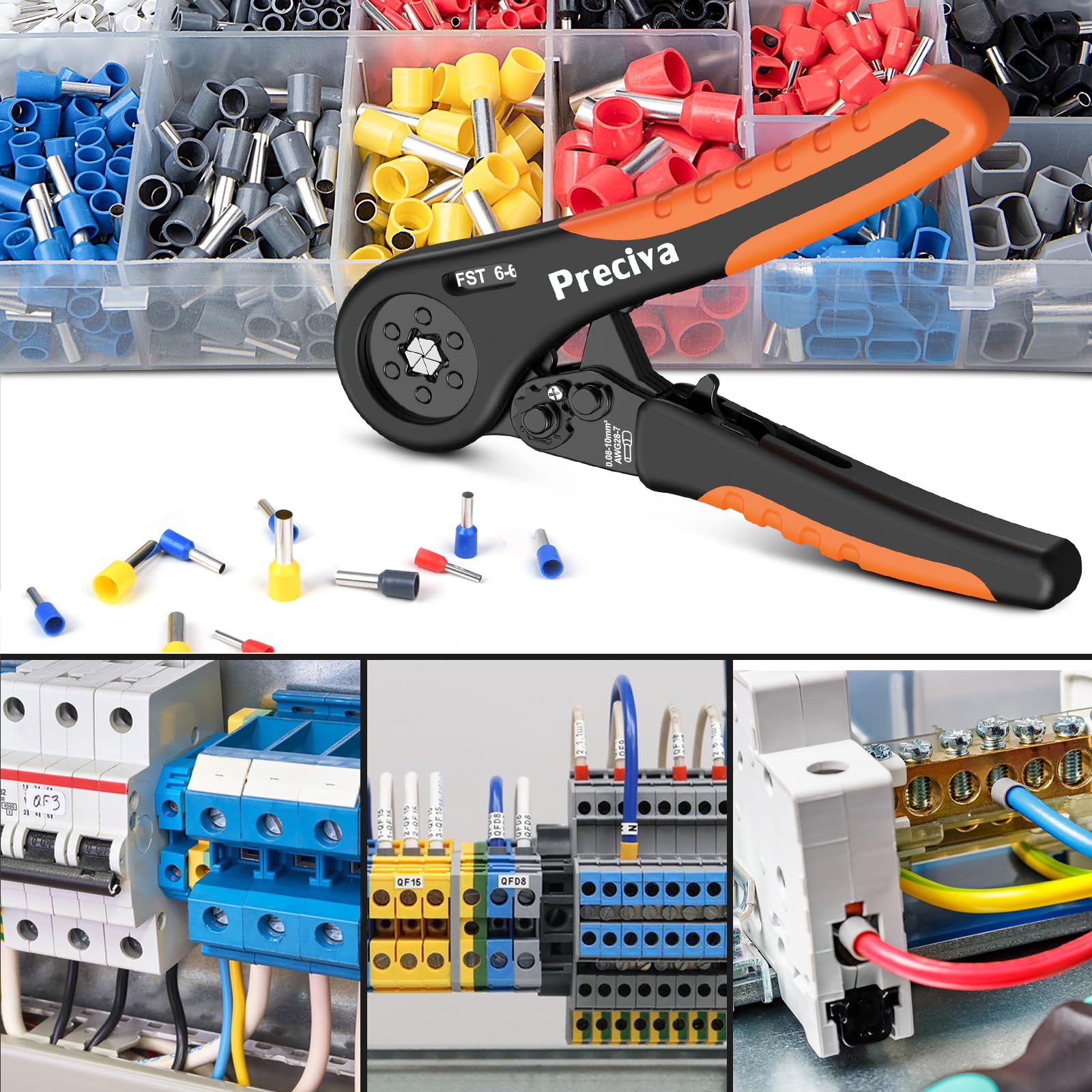 Preciva Pince Hexagonale à Cliquet Réglable, Pince à Sertir，Utilisée Pour Extrémités de Câble de 0,08 à 10 mm² （AWG 28-7）Avec，Pince à Cosse de Câblevec Cosse Electrique 1200pcs