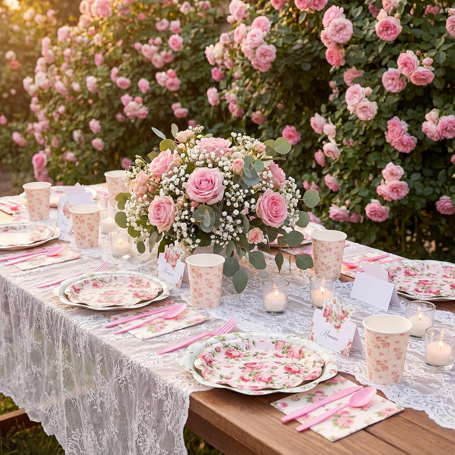 Shellwei 410 Pcs Pink Rose Tea Party Decorations Elegant Floral Paper Plates and Napkins Set Disposable Party Tableware Sets with Cups Knives Forks Spoons Seat Card Favors for 50 Guests