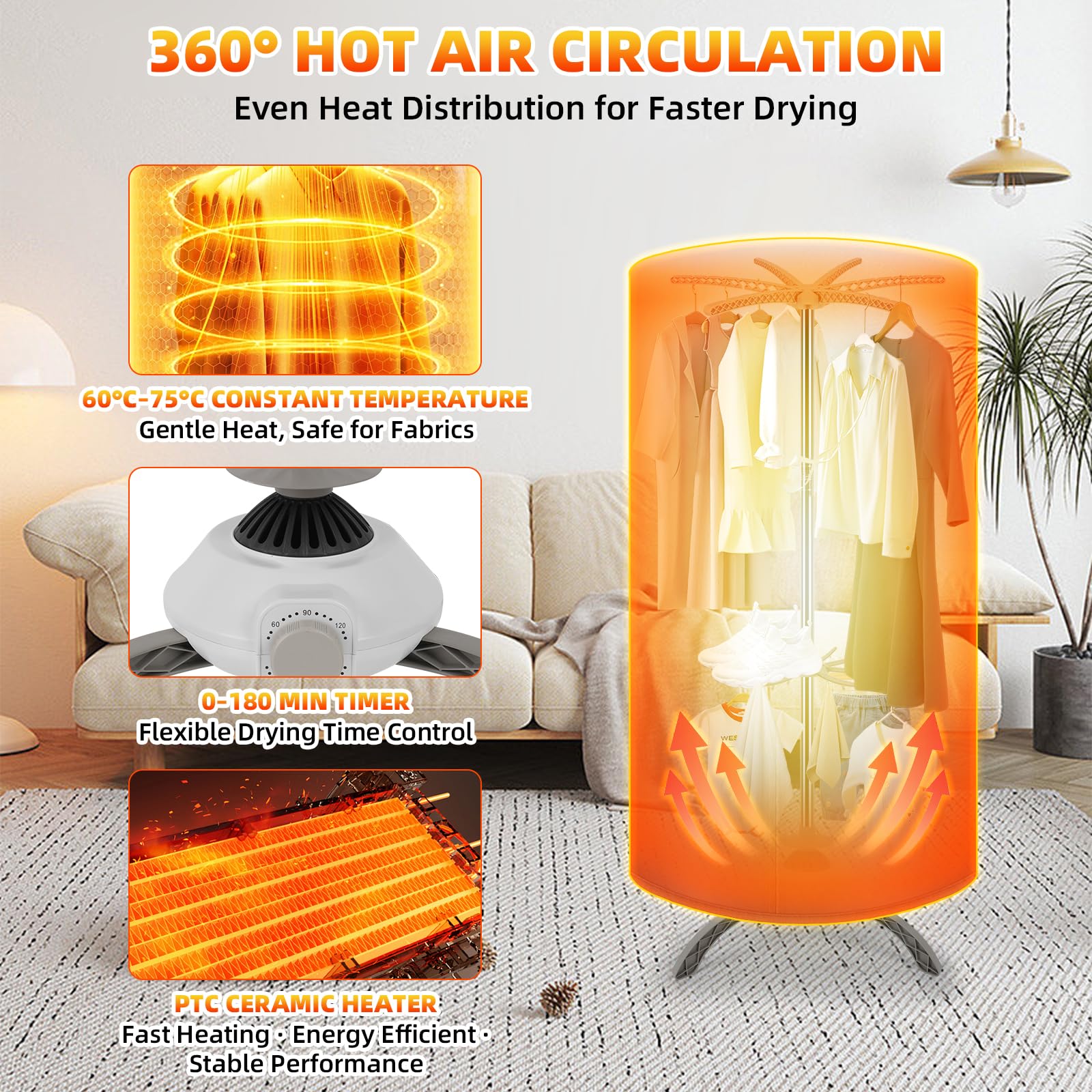 Portable Clothes Dryer, Foldable Electric Mini Dryer with Towel Rack, 900W Heated Drying Pod, 2-Layer 360° Hot Air Drying, Compact Travel Dryer for Home, Apartment, RV & Travel - 2