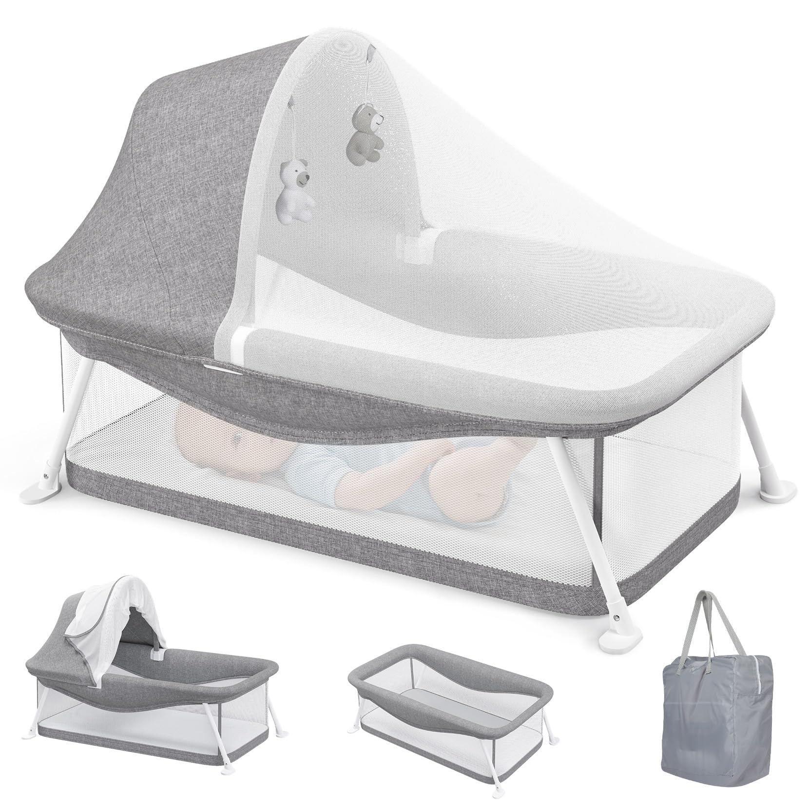 Lettino da Viaggio per Bambini, Adatto per bebè da 0 a 5 mesi, Tenda da Viaggio Pieghevole, Facile da Piegare, Dotato di Zanzariera e Giocattoli, Superficie 80 x 40 cm (Grigio)