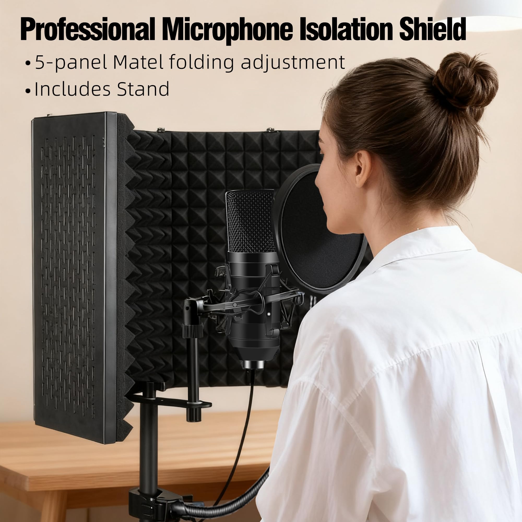Mikrofon-Isolationsschild, Schaumstoffschutz mit Pop-Filter, Stativständer, faltbares Design