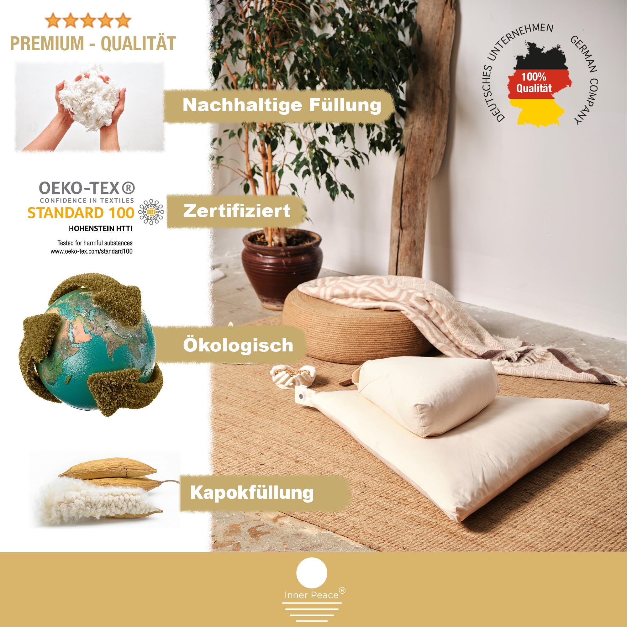 Inner Peace Meditationskissen Set | Dreieck Yoga Kissen & Zabuton Meditationsmatte | Bio Baumwolle | Waschbar | Oeko-TEX Standard 100 | Zen Meditation Set | Mit geführter Meditation | Bio-Baumwolle, waschbar, Oeko-TEX Standard 100, Zen Meditationsset, nac