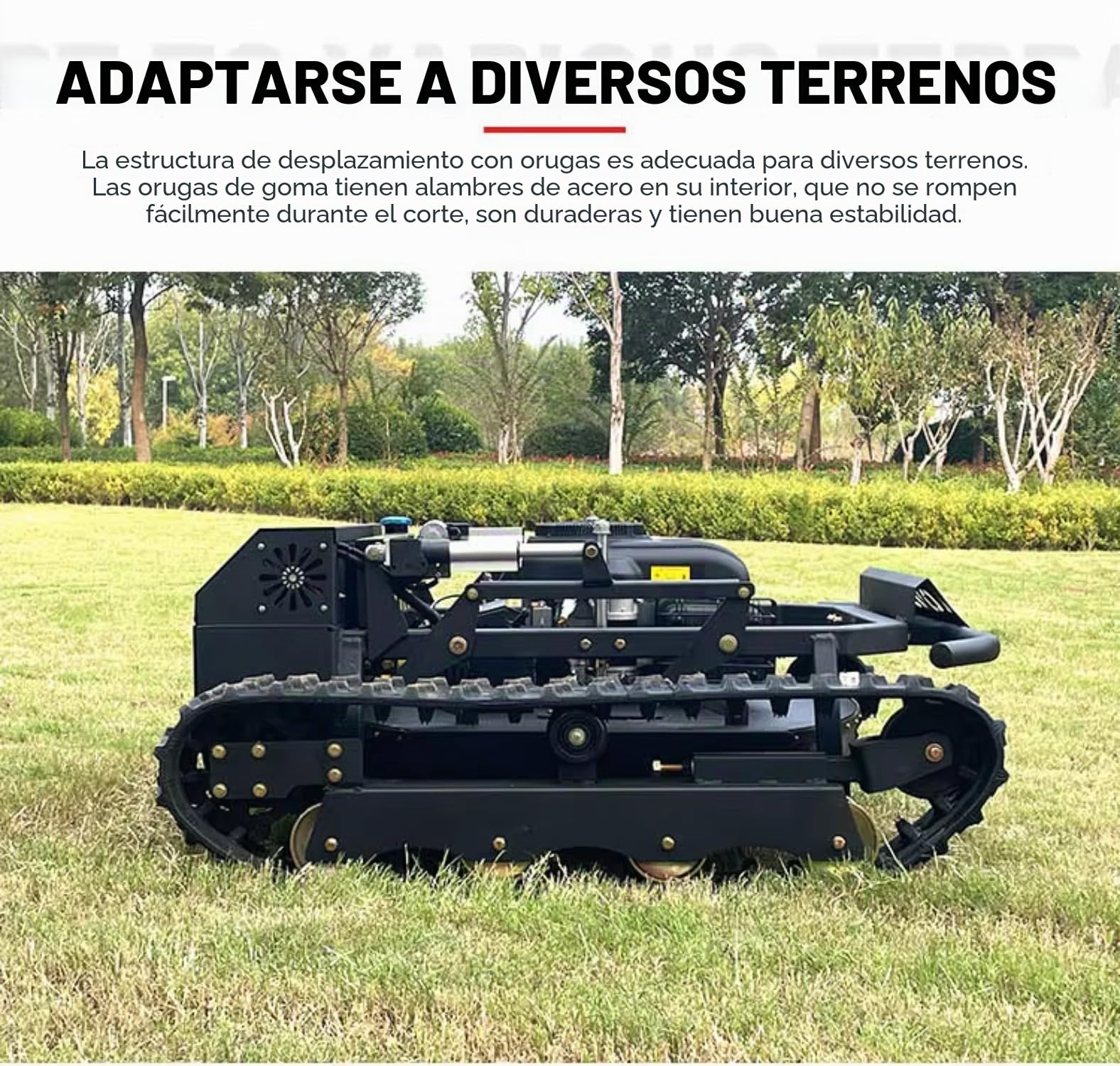 Ancho de corte de 900 mm, diseño de oruga autopropulsada, control remoto inteligente, robot de corte de césped, cortador de césped inteligente, cuidado automático del césped