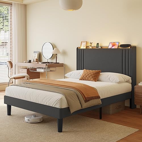 Miniatura 88 de Gizoon Base de cama Queen con cabecera de ala, plataforma tapizada con cabecera geométrica moderna, listones de madera, sin ruido, no necesita