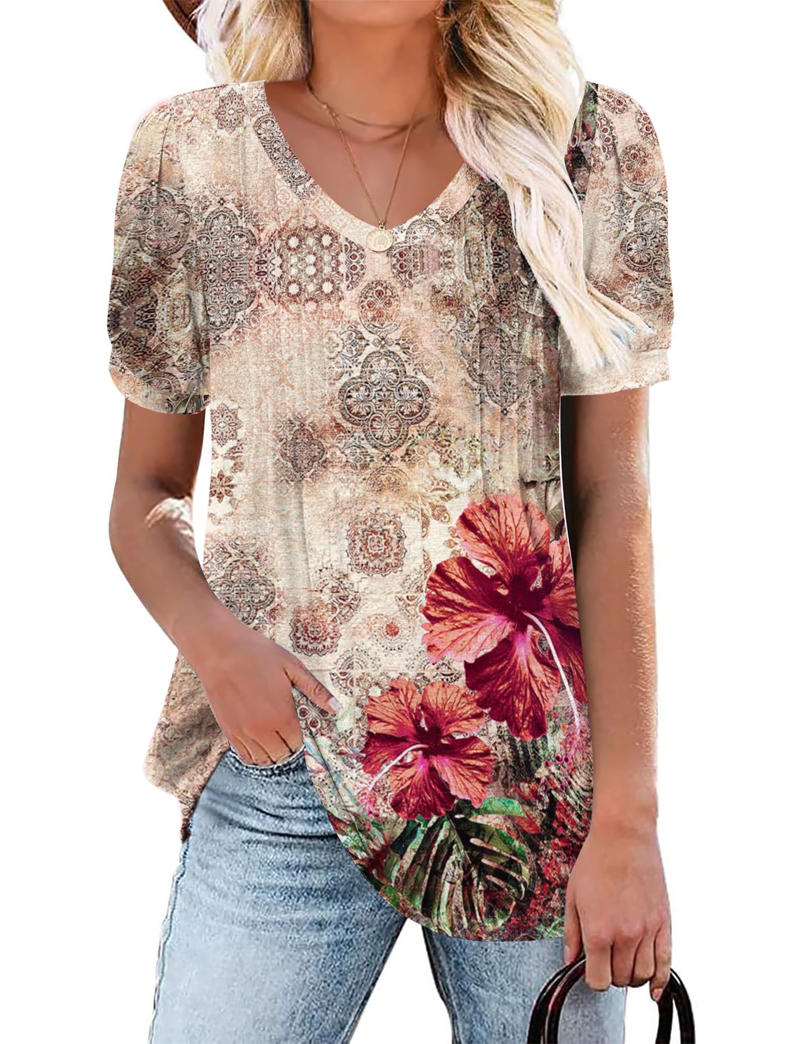 T-Shirt Femme Col V Manches Courtes – Coupe Ample Tunique – Matière Douce, Uni – Taille S à XXL