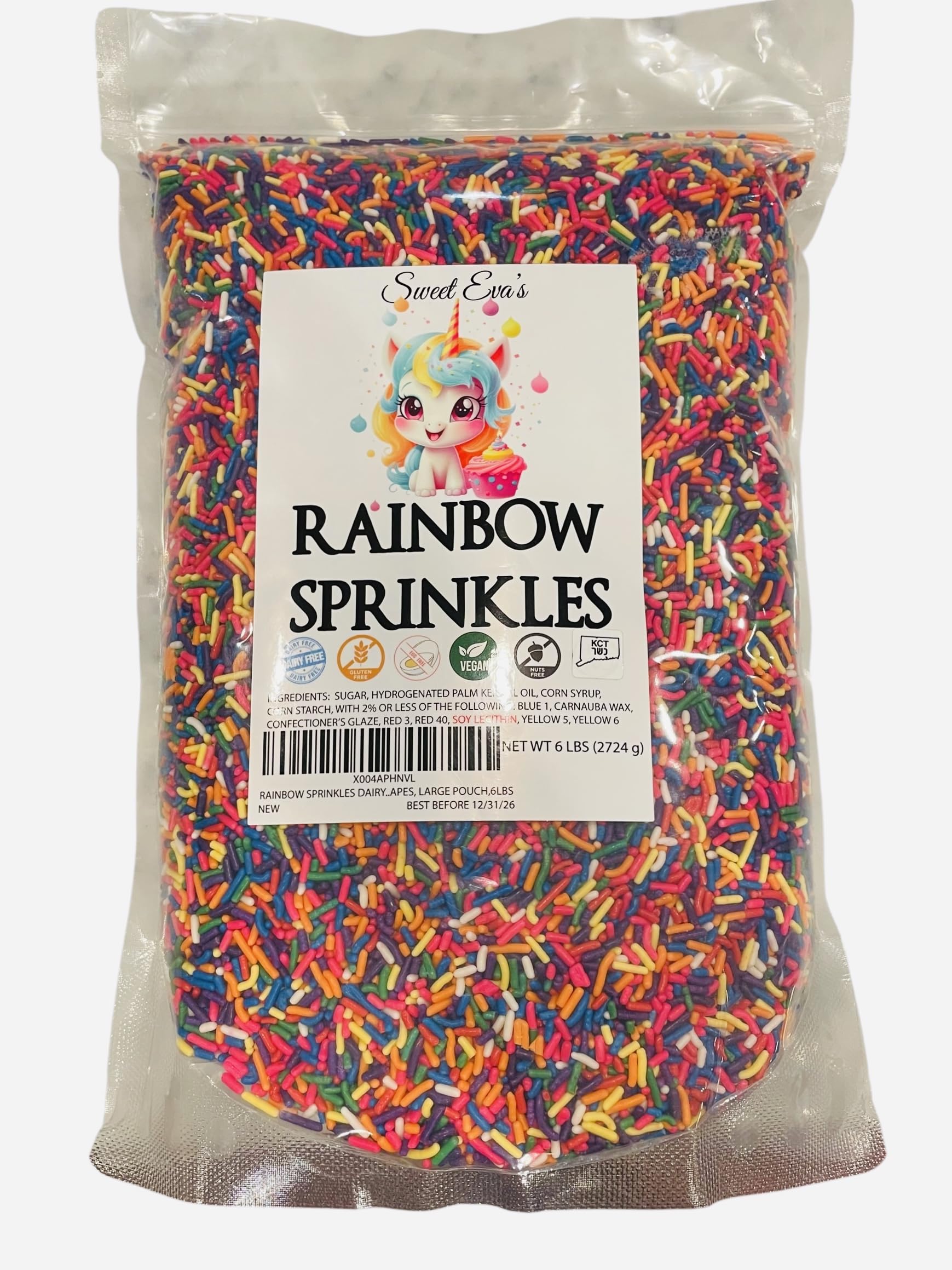 RAINBOW SPRINKLES 6lbs; Dairy Free, Gluten-free, Egg Free, Vegan, Nuts Free, Kosher, Sprinkle Medley Mix, For Baking, Decorating, Cookies, Cupcakes, Cakes, Topping, Jimmies, Sugar Shapes, Large Pouch, 6 LBS, CRUNCHY!