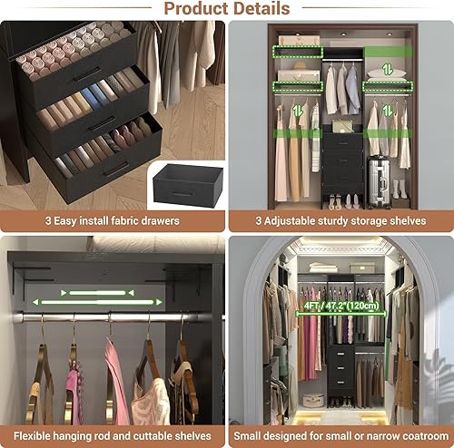 Miniatura 4 de Sistema de armario pequeño de 4 pies con 3 cajones de tela, sistema organizador de armario de 48 pulgadas con 3 estantes ajustables, perchero