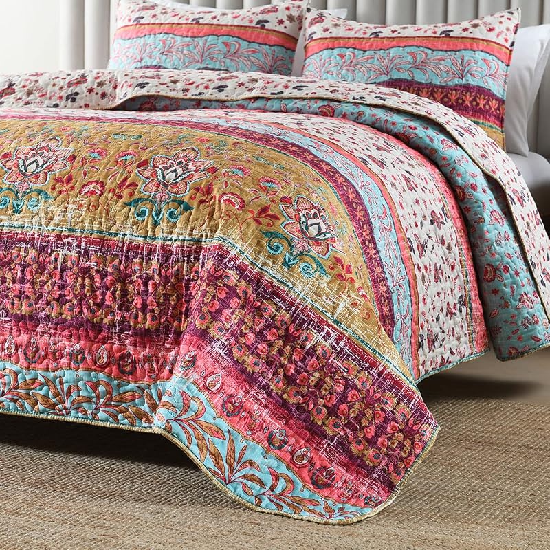 Boho Style Twin Size Quilt Set Reversible Bohemian Floral Strip Quilt Beddding Set, Soft and Lightweight Bedspread for All Season,XL Twin Bed Coverlet with 1 Matching Pillow Sham (2 Pieces) image 6