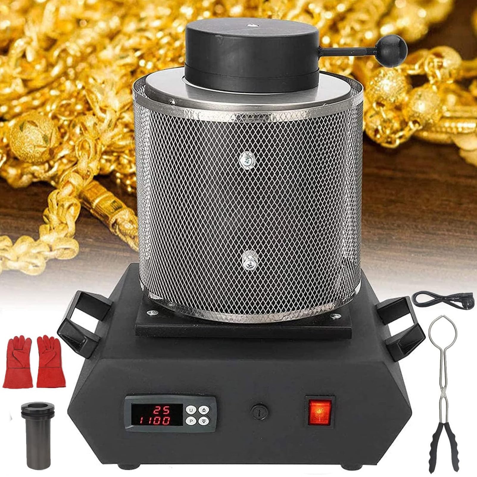 Pnpaea Electric Gold Melting Furnace,1150℃ Digital Metal Smelting Machine,with Graphite Crucible for Copper,Aluminum Refining Casting Furnace withSchutznetz-Black2kg