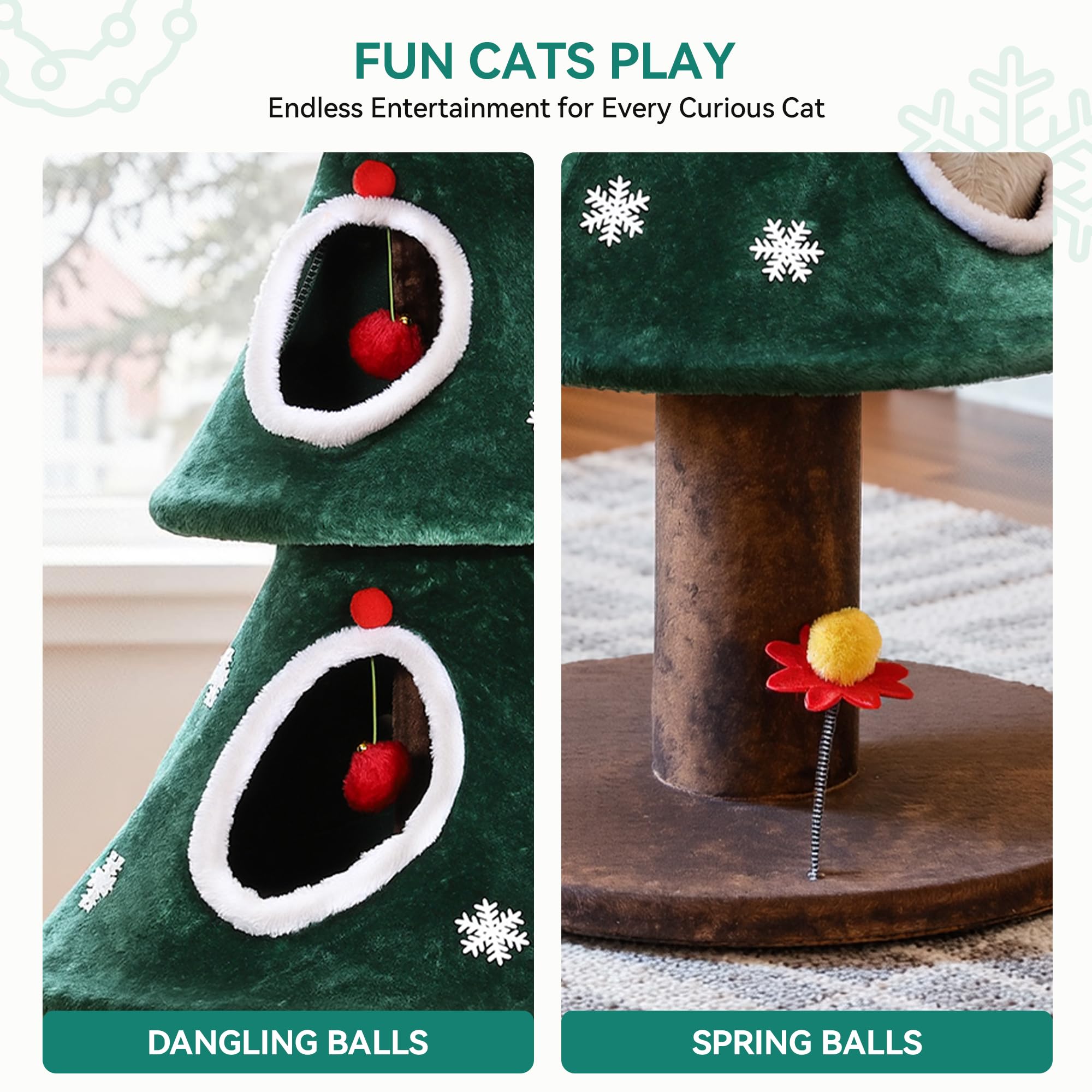 YITAHOME Gran árbol para Gatos navideño con 2 Niveles, casa para Gatos de 132 cm, Postes para rascar, Centro de Actividad para Gatitos y decoración navideña en Verde