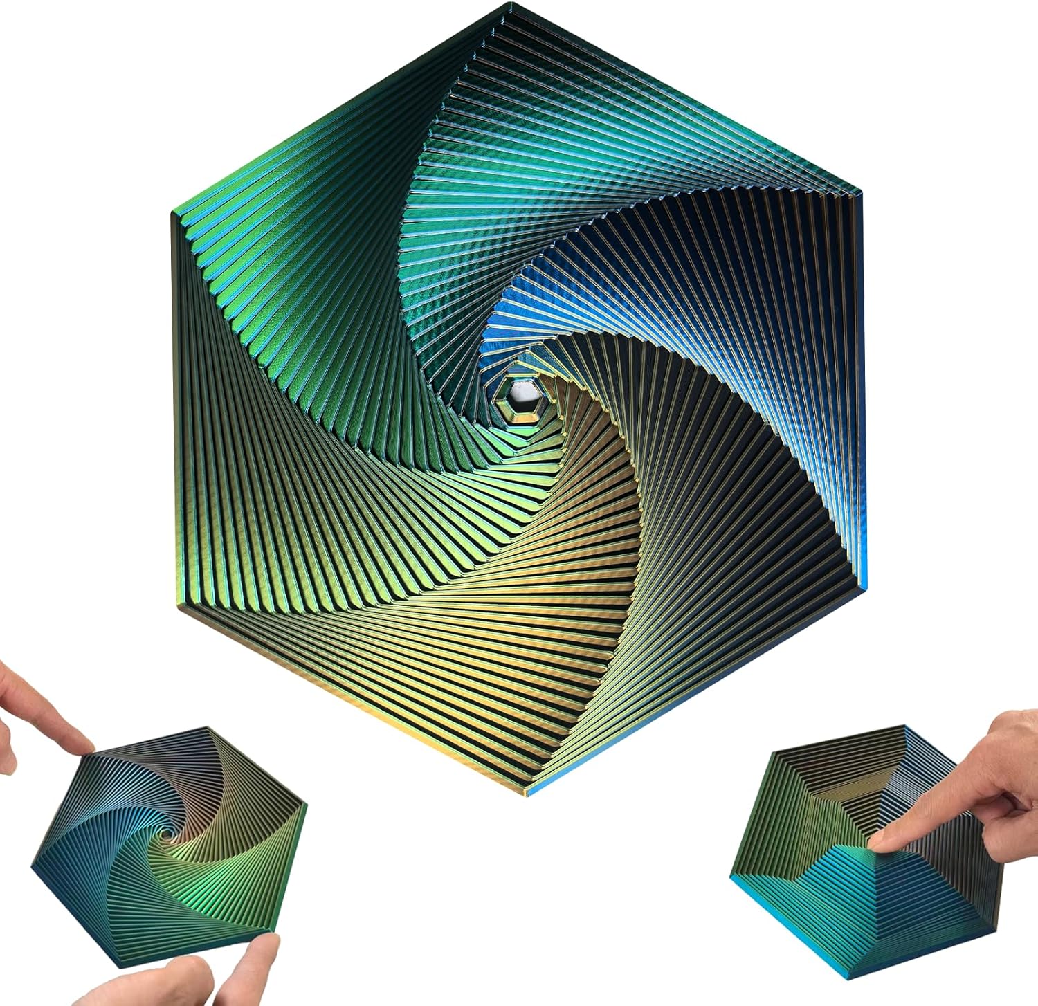 Fractal Fidget Hexagon, Kinetic Desk Spinning Toy, 35 Circles、5.9x6.69in, Used for Anxiety Disorder ADHD, Adult Office Visual Illusion fingertip Toys, 1 pc (Yellow-Blue-Green)