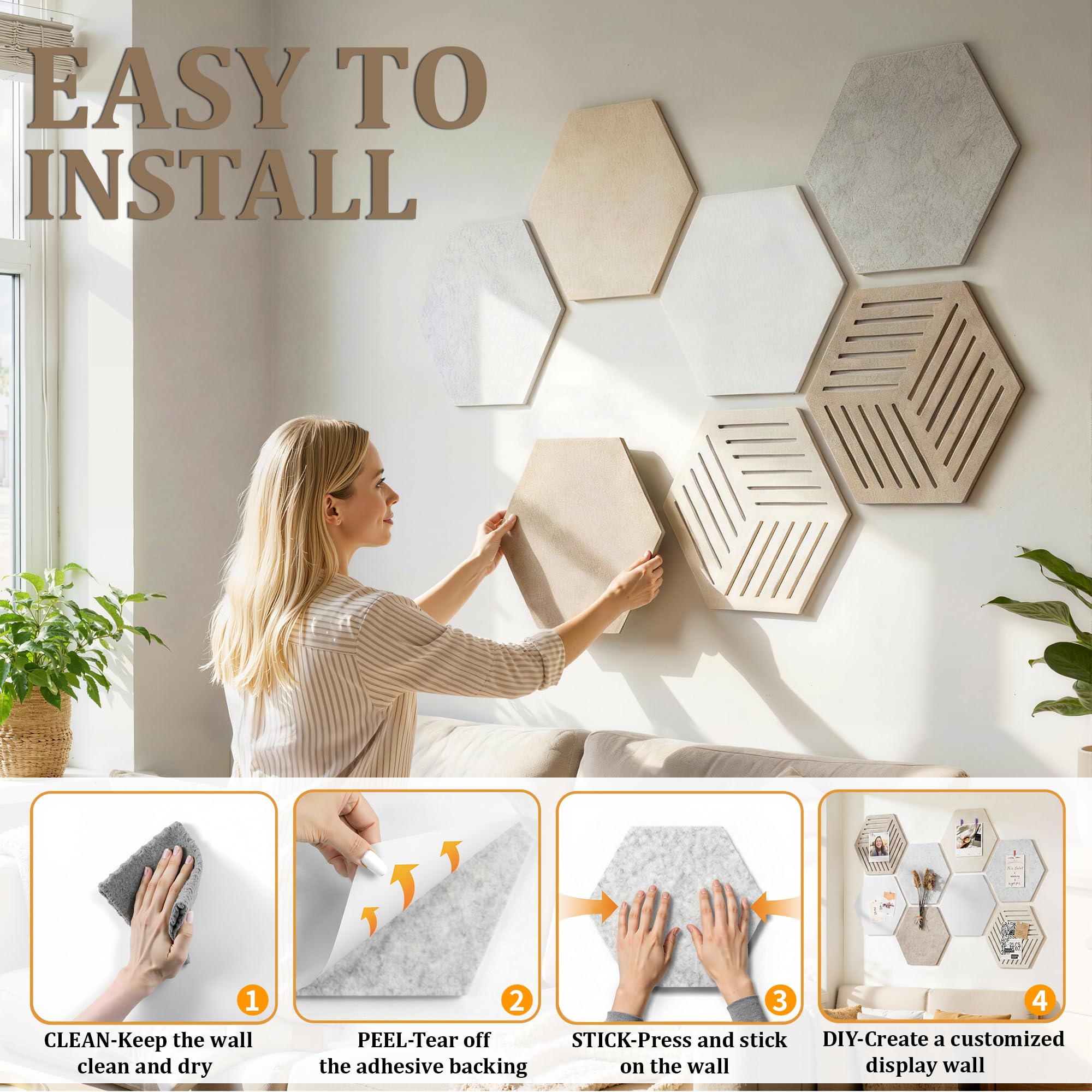 Tablero de Fieltro Hexagonal Autoadhesivo, 8 Piezas 30x26 cm Grosor 0,9 cm, Tablón Decorativo de Pared con 30 Chinchetas, Alternativa Creativa al Corcho para Hogar y Oficina