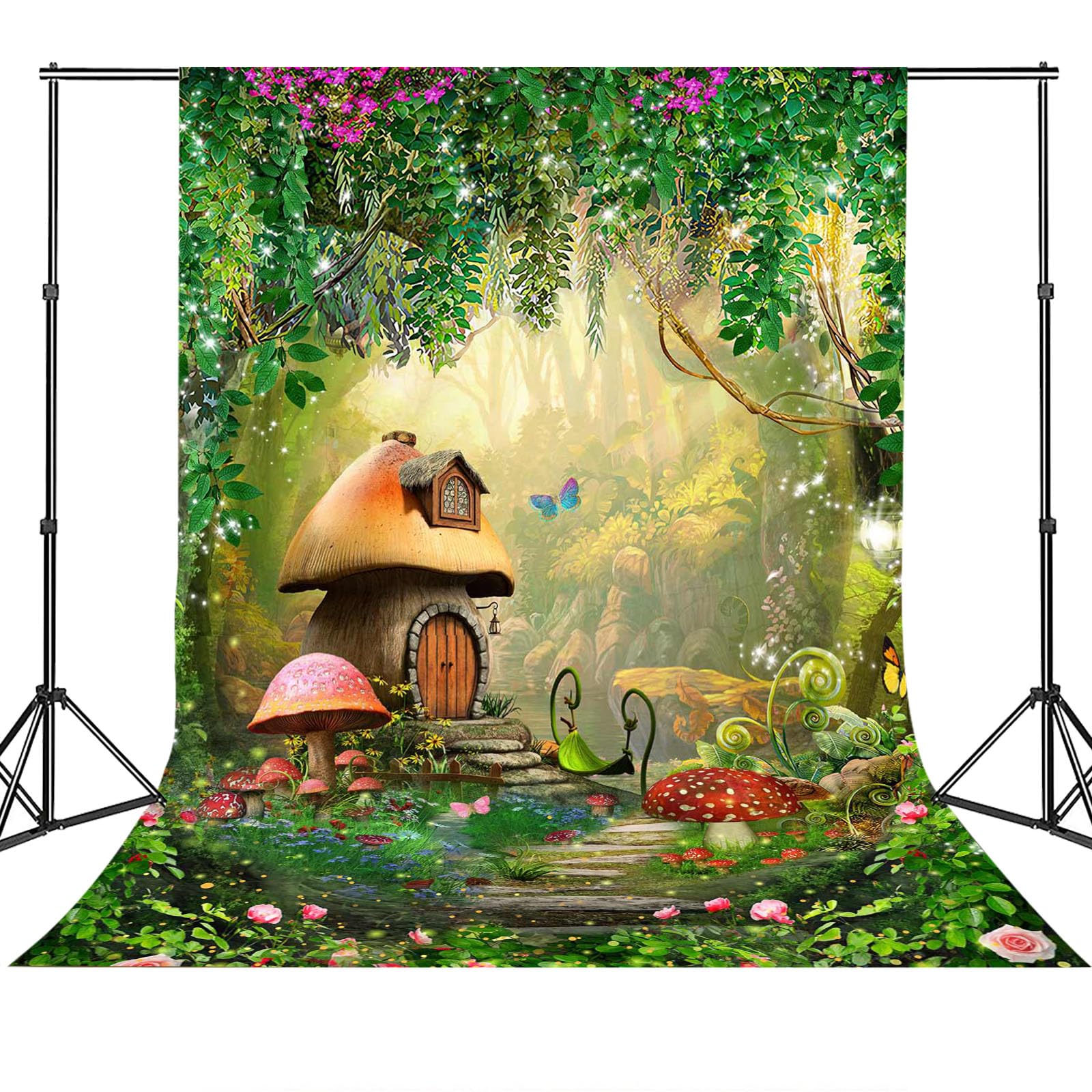 Avezano Enchanted Forest Backdrop Fairy Tale Forest Spring Wonderland Mushroom House Butterfly Photography Background Kids Baby Shower Birthday Party Photo Studio Props (6x8ft)