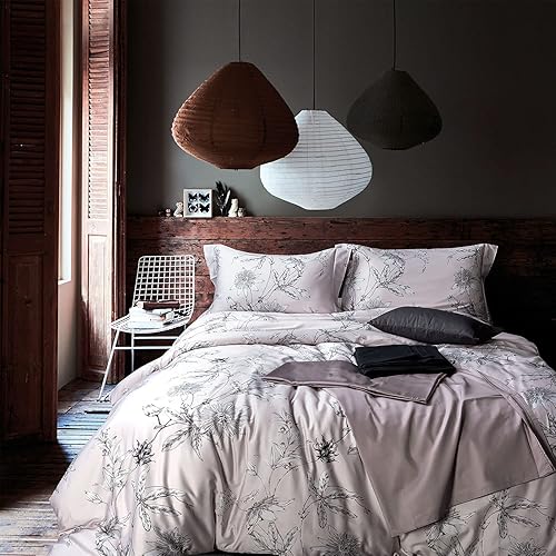 MILDLY Juego de funda de edredón 100% algodón de fibra larga, color rosa claro, elegante, estampado floral, 3 piezas, ultra suave y transpirable