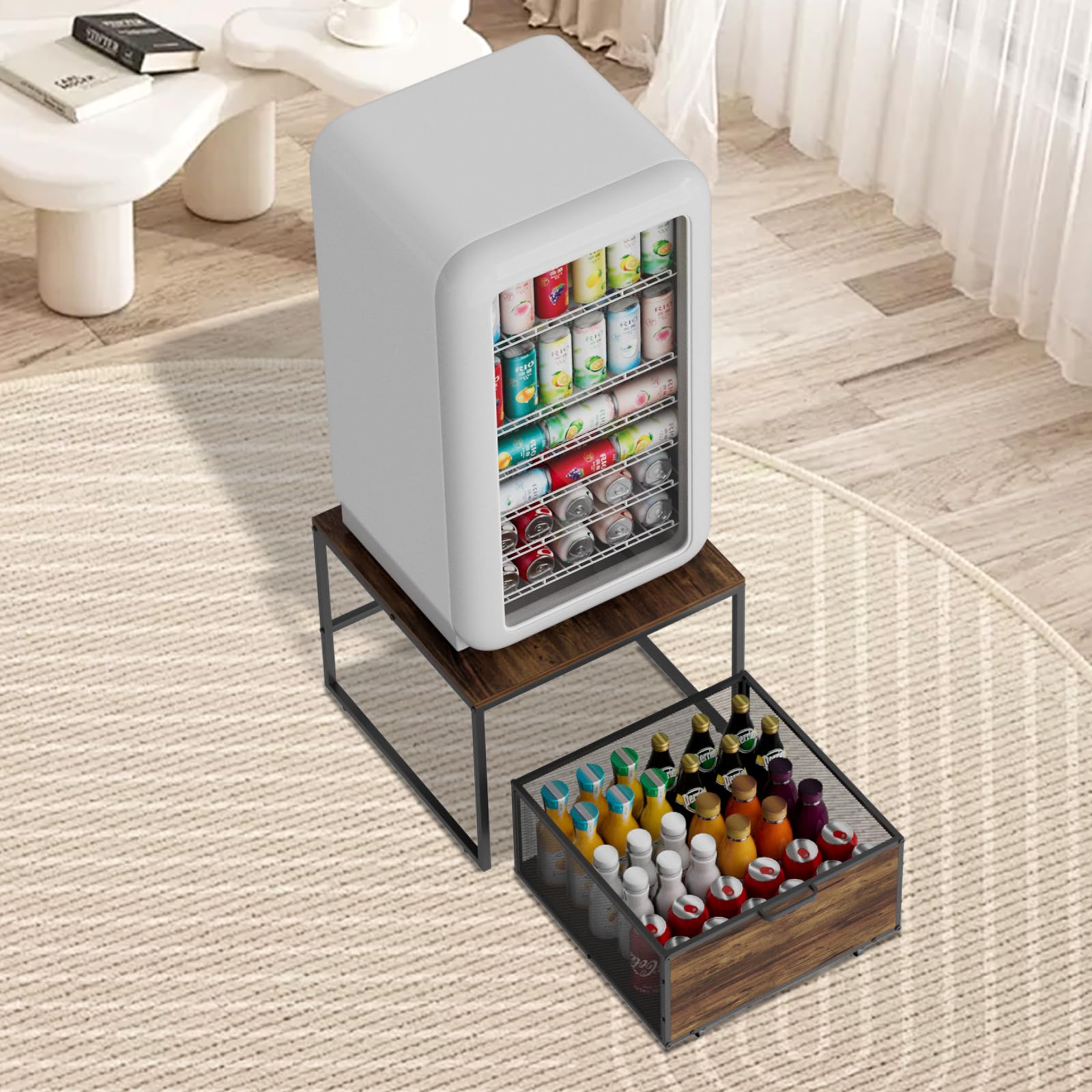 VyGrow Kühlschrankständer mit Stauraum und Rollen, robuster Mini-Kühlschrankständer aus Holz mit tragbarem Rollschubladenkorb für Zuhause, Küche, Zimmer, Büro, Geschäft, 50 x 50 x 40 cm, Schwarz