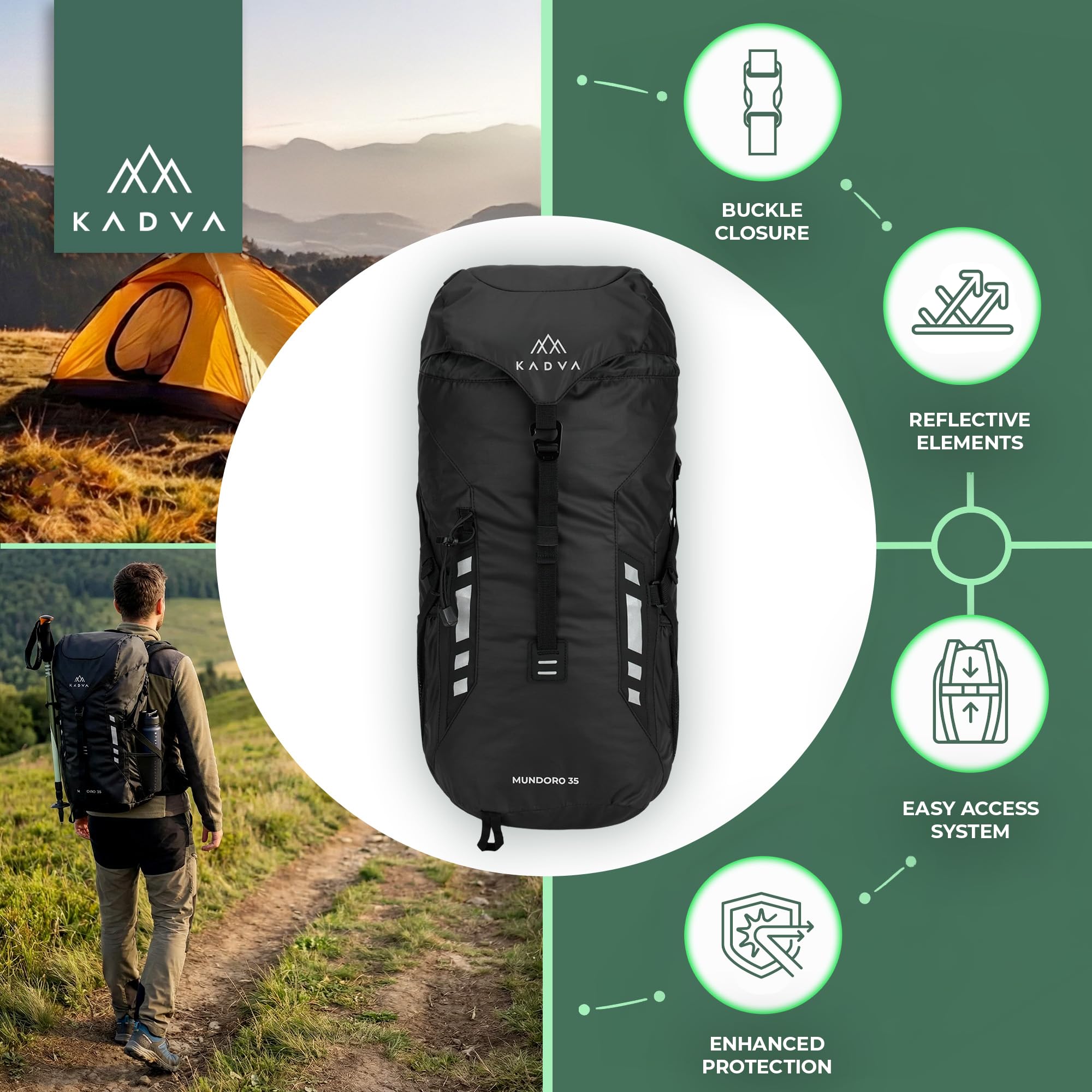 KADVA Mundoro plecak turystyczny 35 l, wentylacja pleców Windflow, pas piersiowy i biodrowy, boczne kieszenie z siatki, uchwyt na kijki trekkingowe, wodoodporny materiał