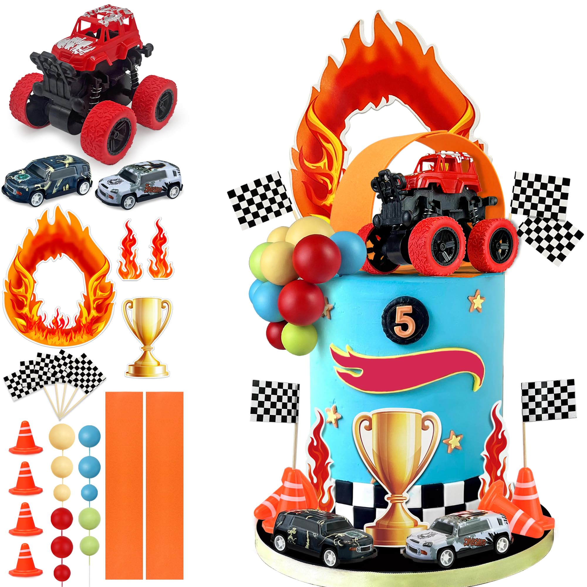 30PCS Truck Cake Decorations Truck Cake Toppers Red Blue Yellow Green Balls Race Car Cake Toppers for Truck Themed Racing Car Party Decorations Supplies