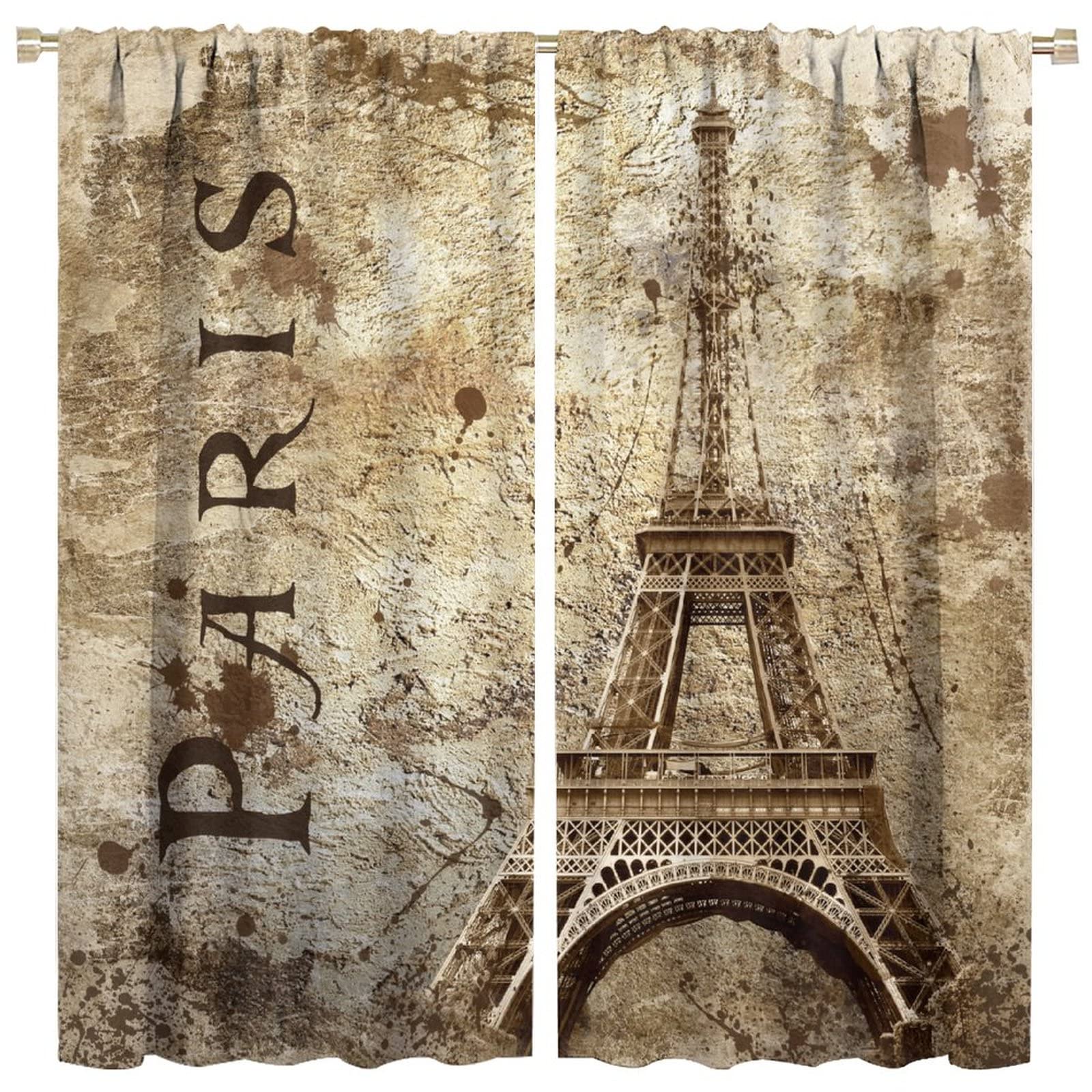 JESTRONRY Eiffel Tower Curtains,Vintage France Paris Famous Landmarks Printed Window Drapes 2 Panel Set for Living Room Bedroom Kitchen Cafe W52xL84in