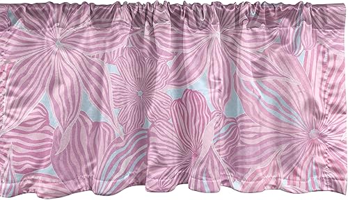 Ambesonne Cenefa de ventana con patrón lila, diseño floral retro ondulado, ilustración rosada de escena de jardín, cenefa de cortina para decoración