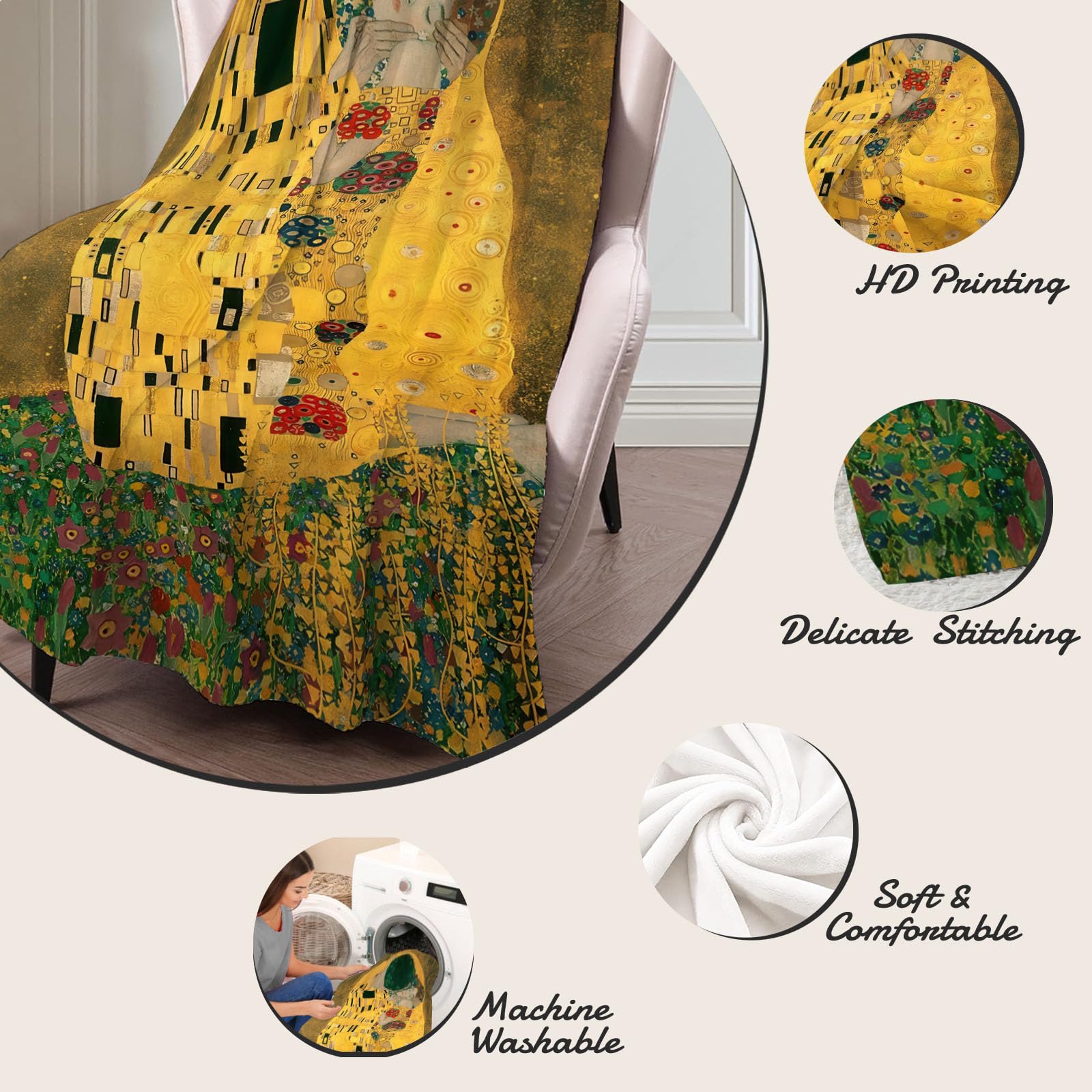 Manta de Franela con Estampado Lujo Flores Beso - Manta Clásico Pintura Al Óleo Forro Polar Suave y Mullida para otoño e Invierno - para Adolescentes y Adultos Sofá Oro Mantas 180x200 cm