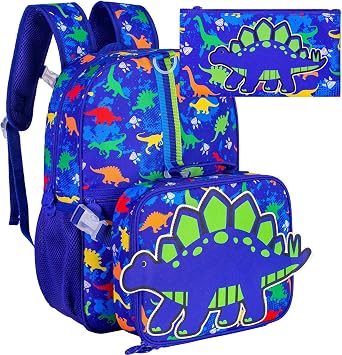 KLFVB 3PCS Dinosaur Backpack, 16" Boys Bookbag and Lunch Box for Kids, Preschool Backpacks for Elementary Students