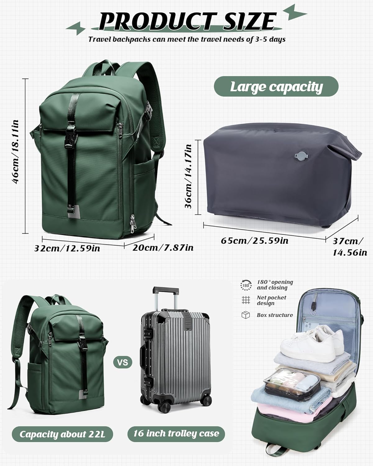 Travel Backpack for Women Men, Separate Compression Bag with Electric Pump, Waterproof Carry-On Laptop Backpack Work Bags Casual Daypack with Anti-theft & Shoe Compartment, Greenn