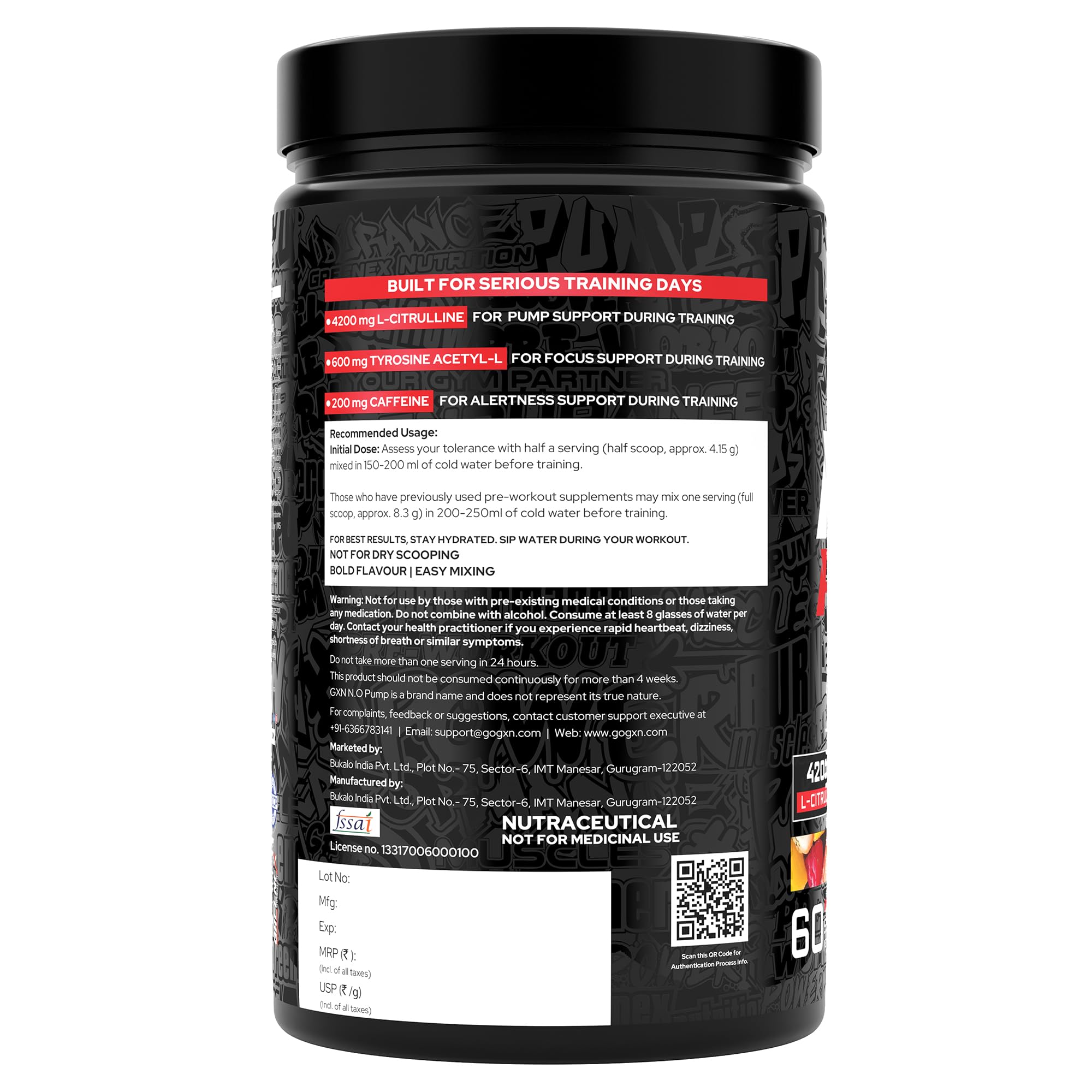 Greenex Nutrition (GXN) N.O. Pump 500g Pre Workout Supplement | 4000mg Beta Alanine, 2500mg L Citrulline & 250mg L Arginine | 60 Servings | Exotic Fruit | For Muscular Endurance