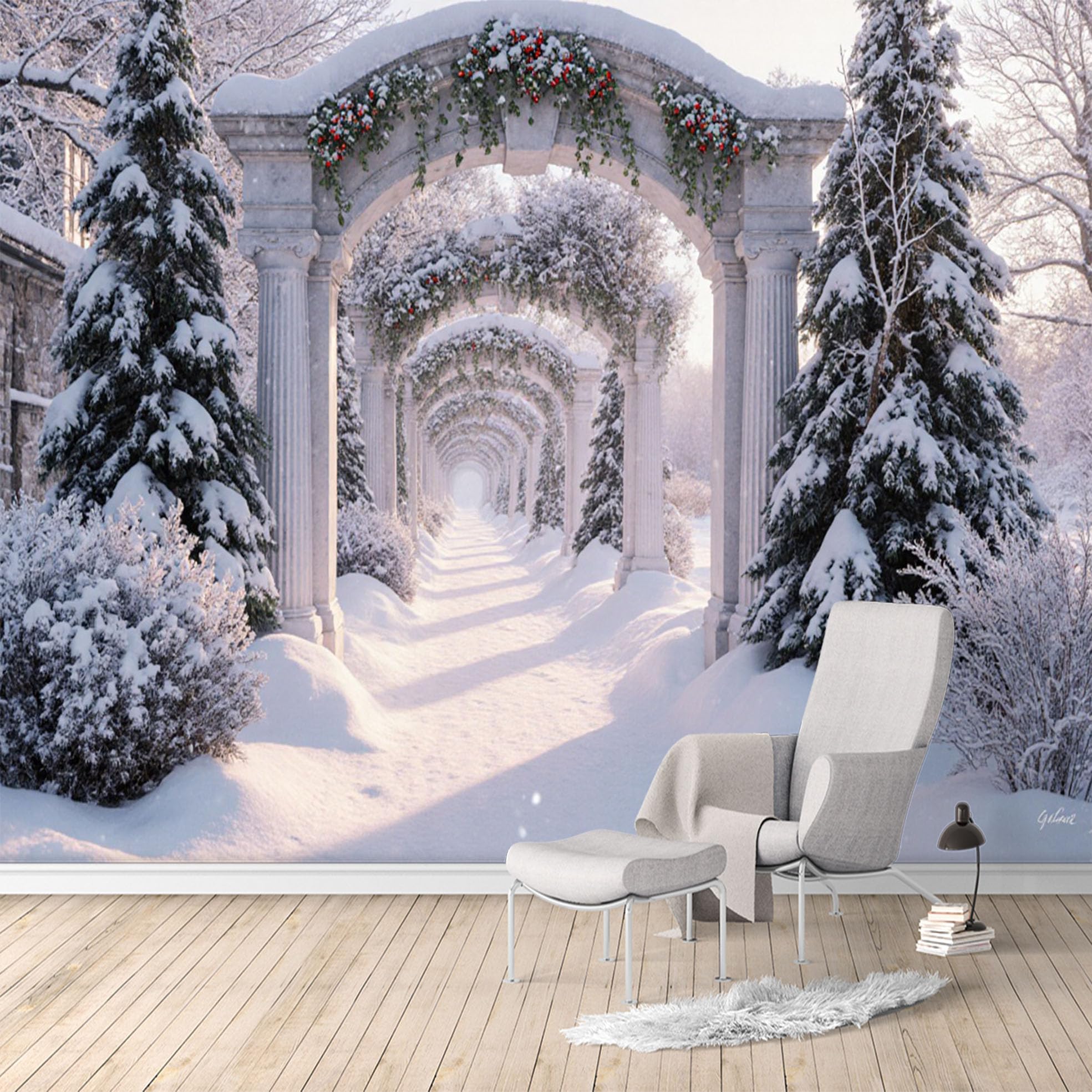 Custom Size Wall Murals, Winter Archway Snowy Pathway Winter Wonderland Landscape, SelfAdhesive Water Activated Removable Wall Covering, Large Photo Wallpaper for Living Room Bedroom Office