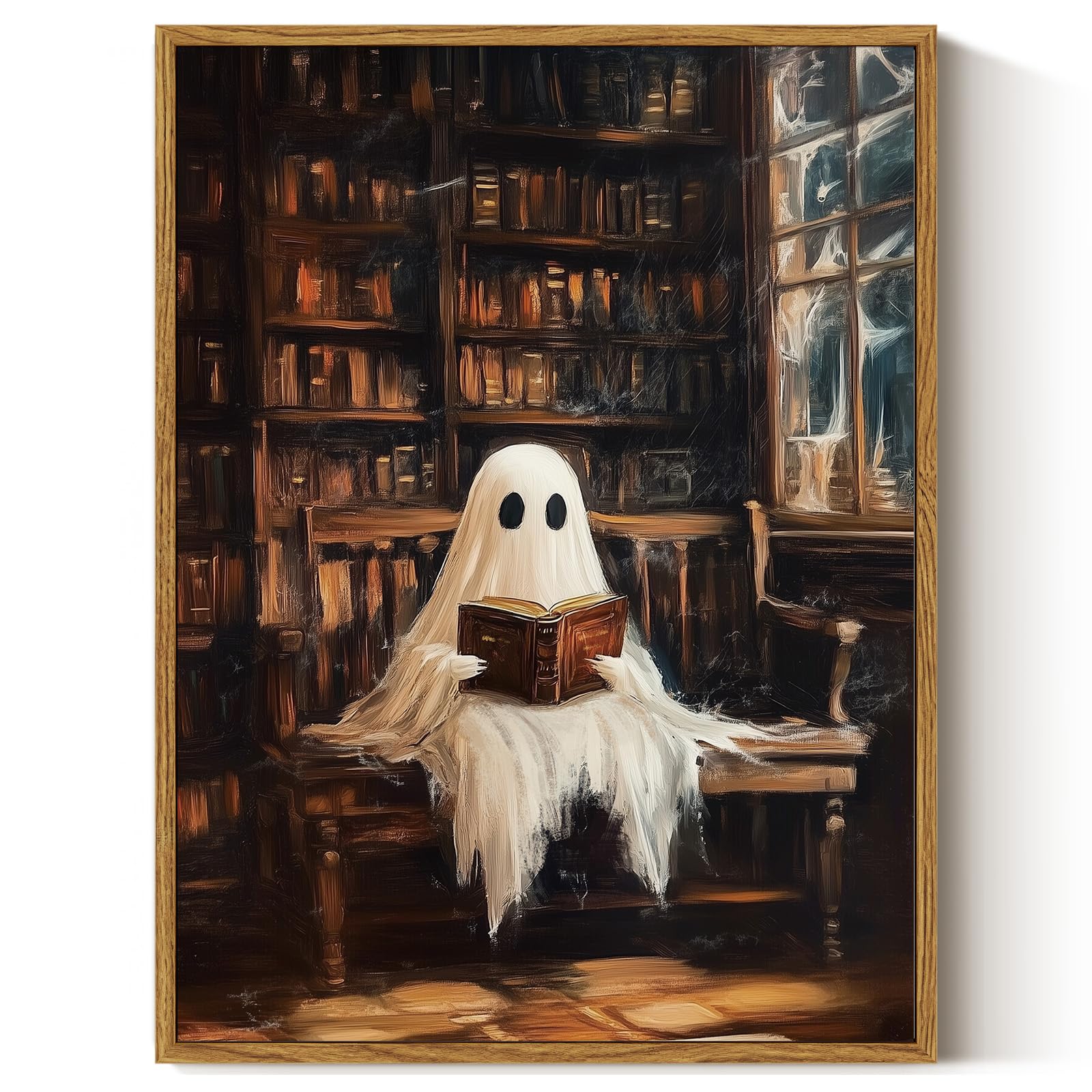ARPEOTCY Vintage Framed Canvas Halloween Wall Art, Library Ghost, 12x16inch