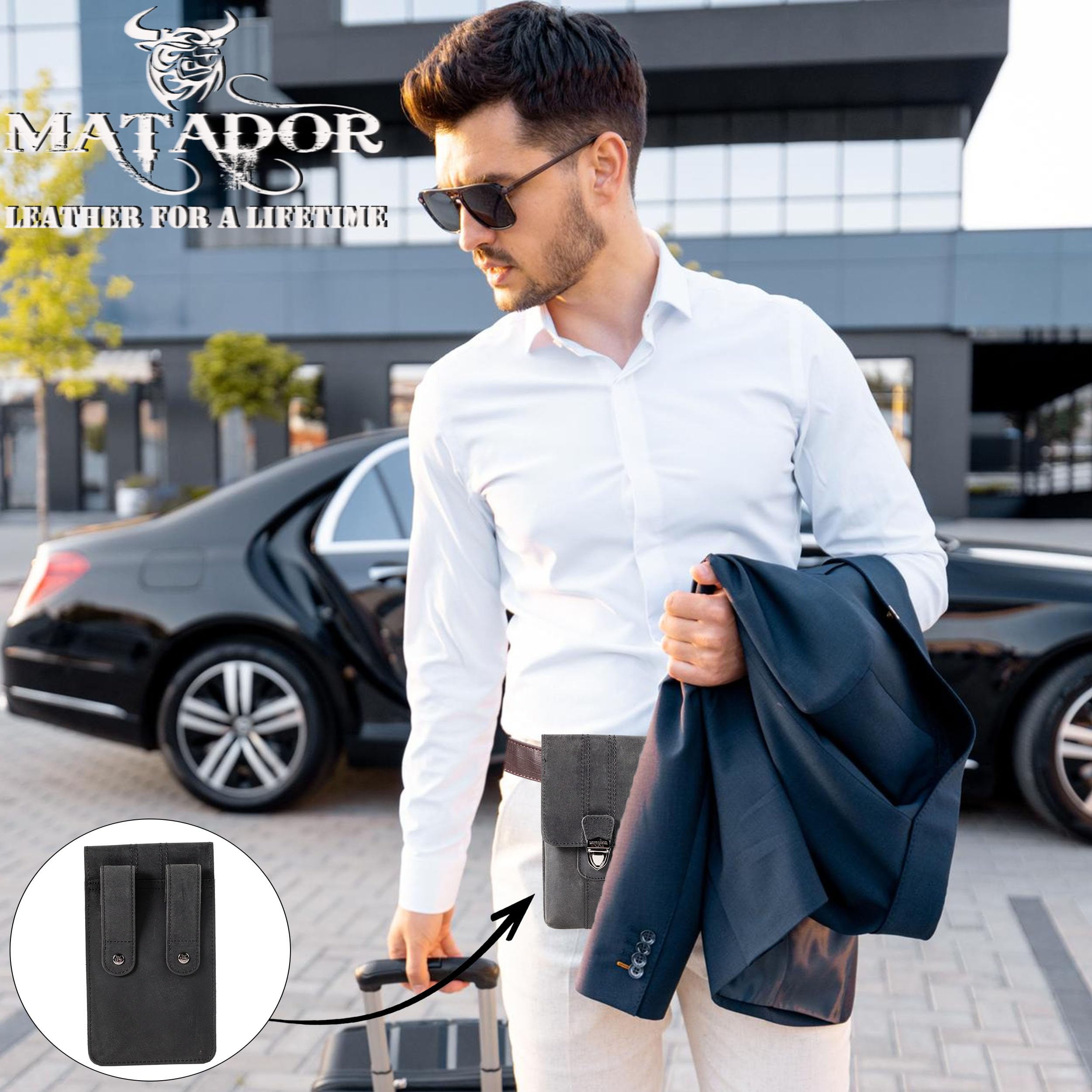 MATADOR Handy Gürteltasche Leder #Malaga XL, Geräumige Gürteltasche mit Doppelfach, Elegante Handy Tasche Gürtel für Smartphone bis 7,5 Zoll, praktisch für Alltag in Schwarz Nappa
